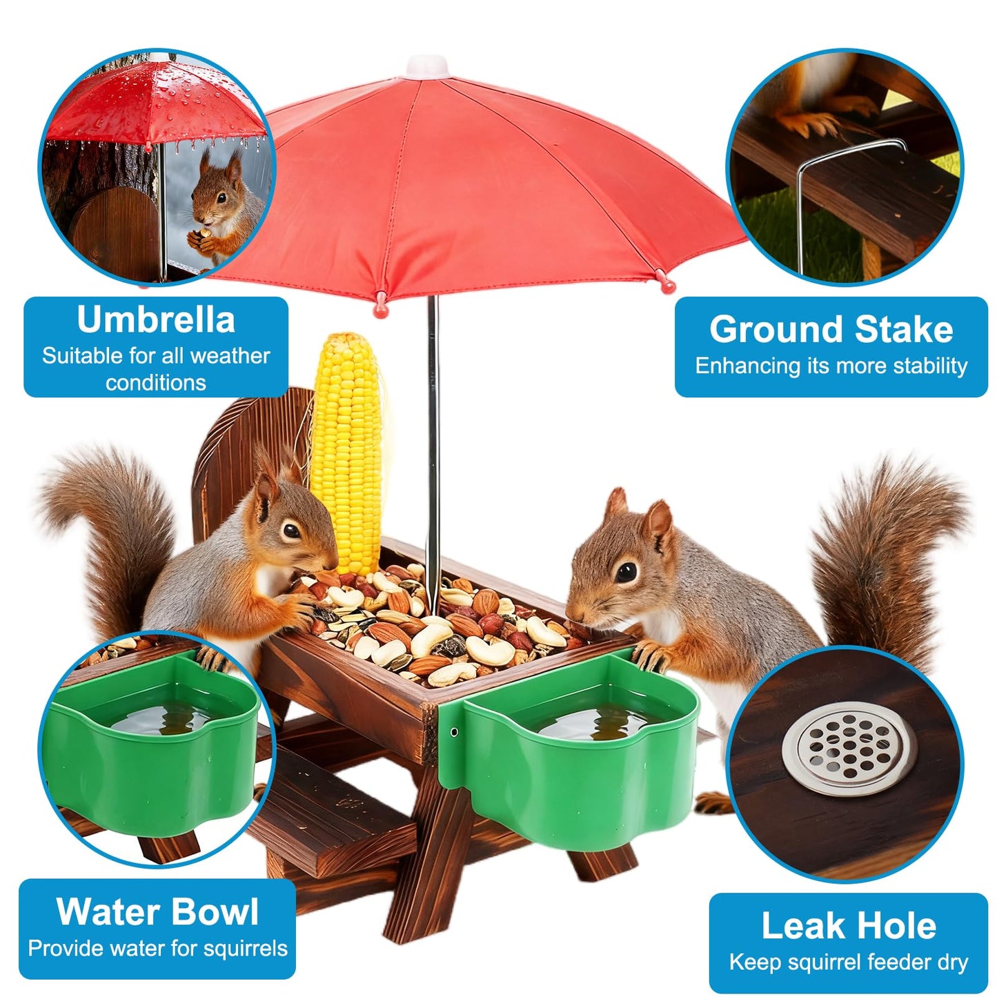 Vigormar Squirrel Feeders for Outside, Squirrel Picnic Table with Water Bowl, Corn Cob Holder and Umbrella, Squirrel Feeder with Ground Stake for Garden, Yard and Outdoor(Dark Brown)