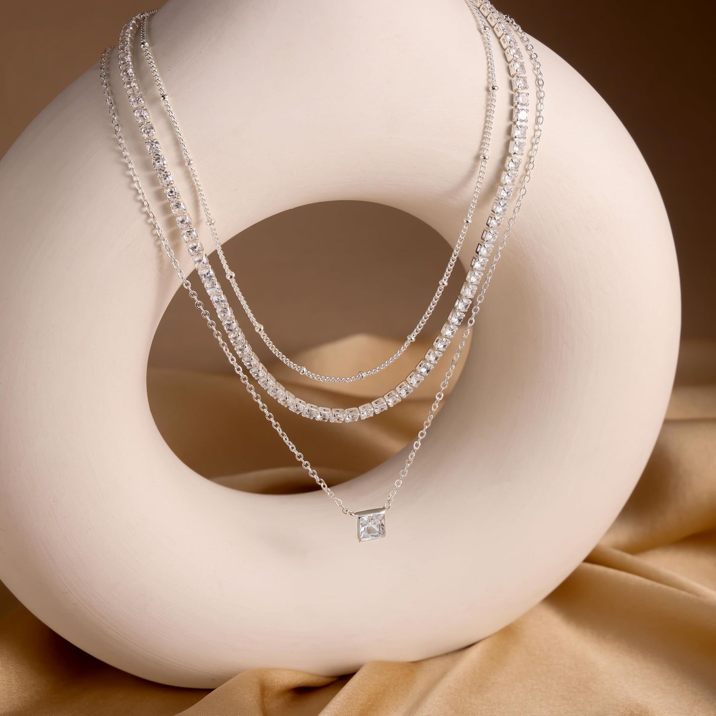 CHESKY Layered Silver Necklaces for Women Trendy, Silver Plated Dainty Stackable Charm Necklaces for Womens Layering Beads Tennis Chain Diamond Pendant Necklaces Jewelry Set for Women Gifts