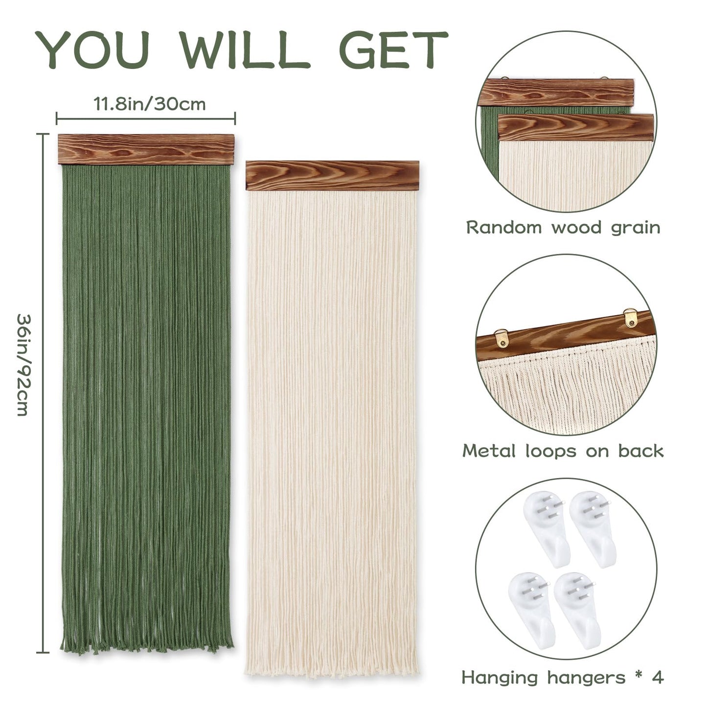 KHOYIME Macrame Wall Hanging Boho Chic Home Decor, 2PCS Bohemian Green Beige Tassel Yarn Tapestry Modern Handmade Large Wall Art Decorations for Living Room Bedroom Nursery Backdrop 11.8''W x 36''L