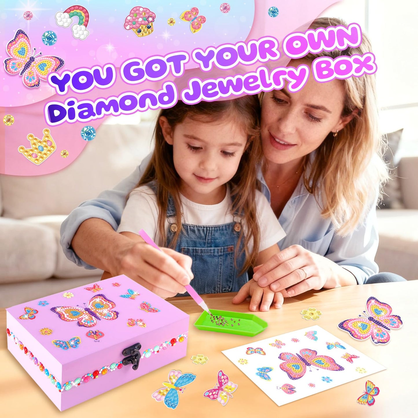 PinkSheep Arts and Crafts for Girls 6-12,Butterfly Jewelry Box for Girls,DIY Treasure Keepsake Box with Necklace & Bracelet Make It Set Gift