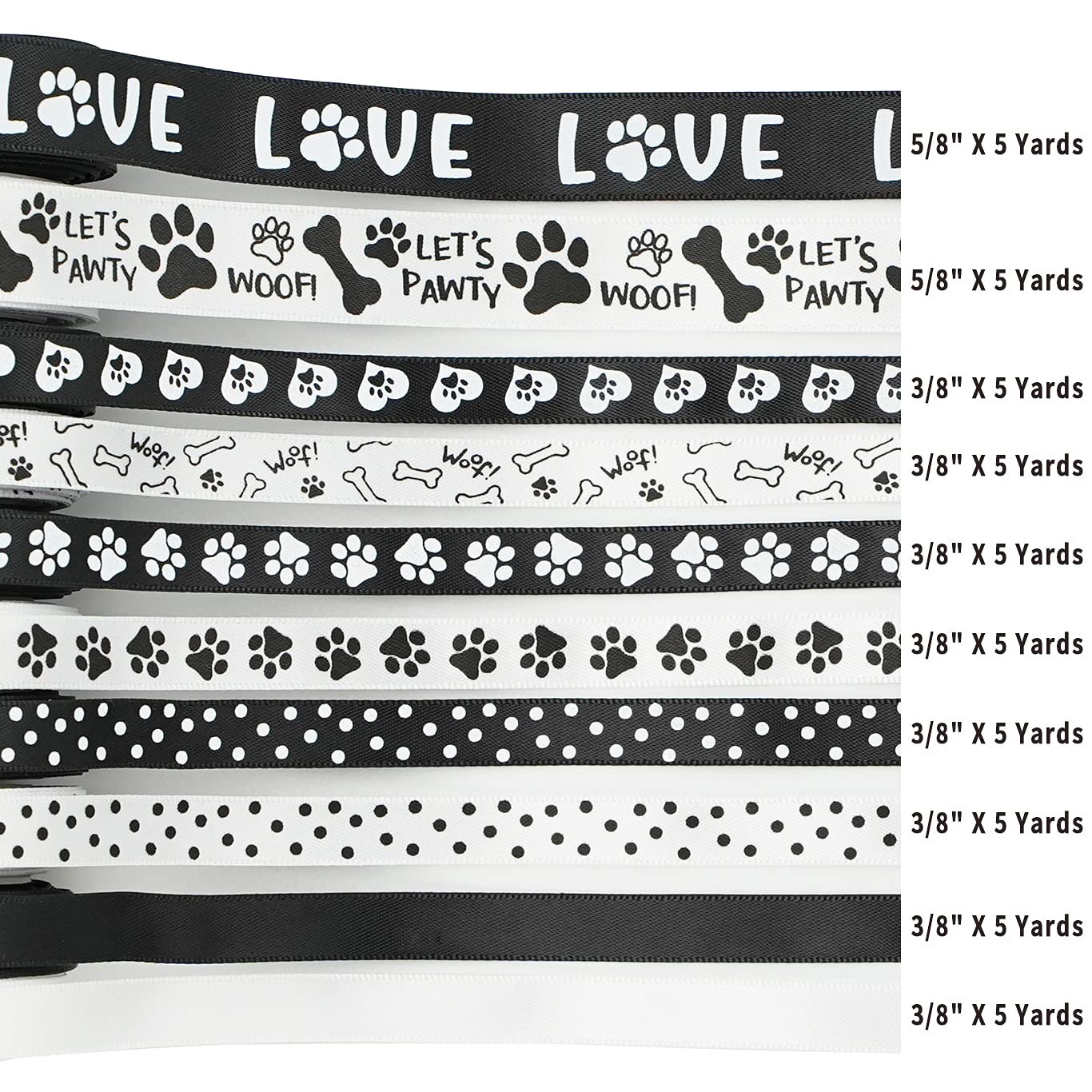 HUIHUANG Paw Print Bone Satin Ribbon Assortment - Black and White, 3/8" & " 5/8" Inch, 10 Rolls 50 Yards - Assorted Ribbon for Crafts, Dog Party Supplies, Gift Wrapping & Decoration