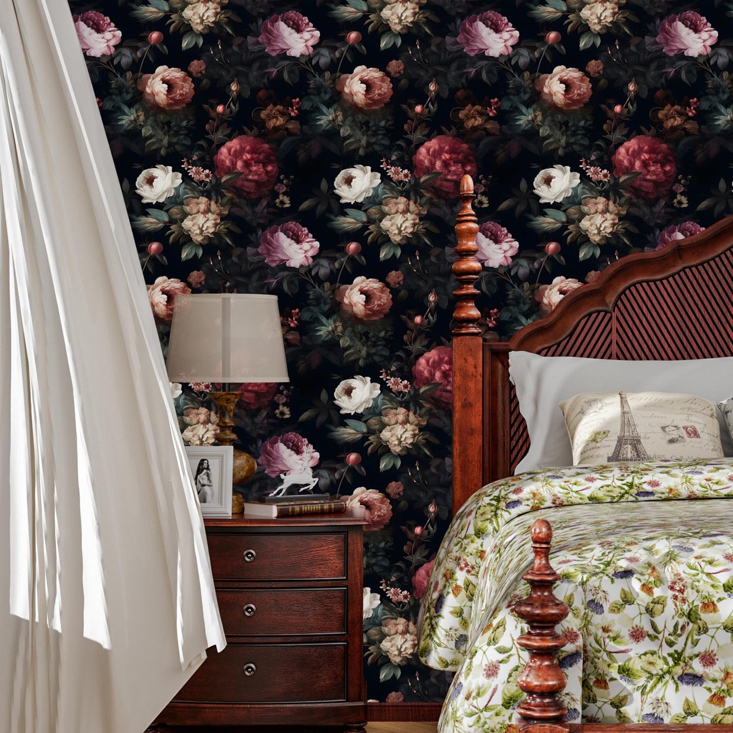 XRUIBZI Dark Floral Peel and Stick Wallpaper Vintage Gothic Contact Paper Pink Goth Flower Wall Mural Home Vinyl Waterproof Self Adhesive Removable Renter Friendly Wall Paper 17.5" x 118"
