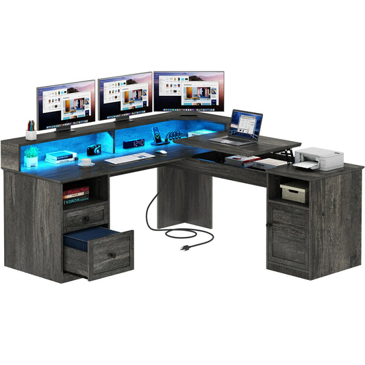 DWVO L Shaped Desk with Drawers, 60" Corner Computer Desk with Power Outlets & Lift Top, Home Office Desk with Storage Cabinet & LED Lights, Wood Desk, Height Adjustable Desk, Grey