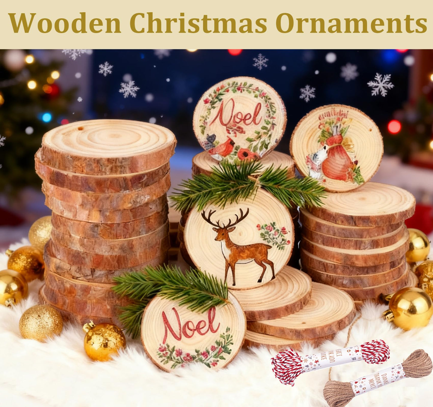 Timburst 60 Pcs Wood Slices, 1.7"-2.1" Pre-Drilled Holes Wood Discs for Crafts, 66 FET Twine String, Wooden Circles for Crafts Burning Painting DIY Crafts Christmas Wedding Party Wedding Decor Party