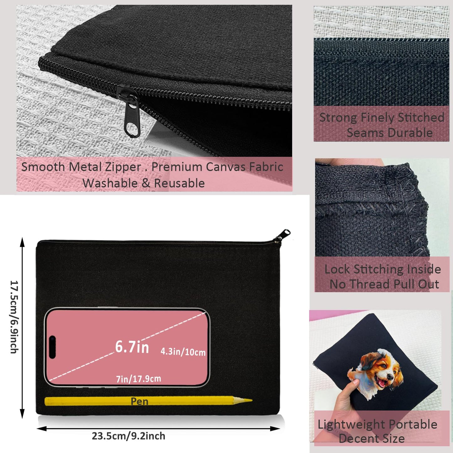 Koolmox 20 Pieces Bulk 9x7 Large Black Canvas Makeup Bags, DIY Canvas Pouch Cosmetic Pouches with Zipper for Gifts Craft Sublimation Heat Transfer Painting Patches Embroidery Travel Storage