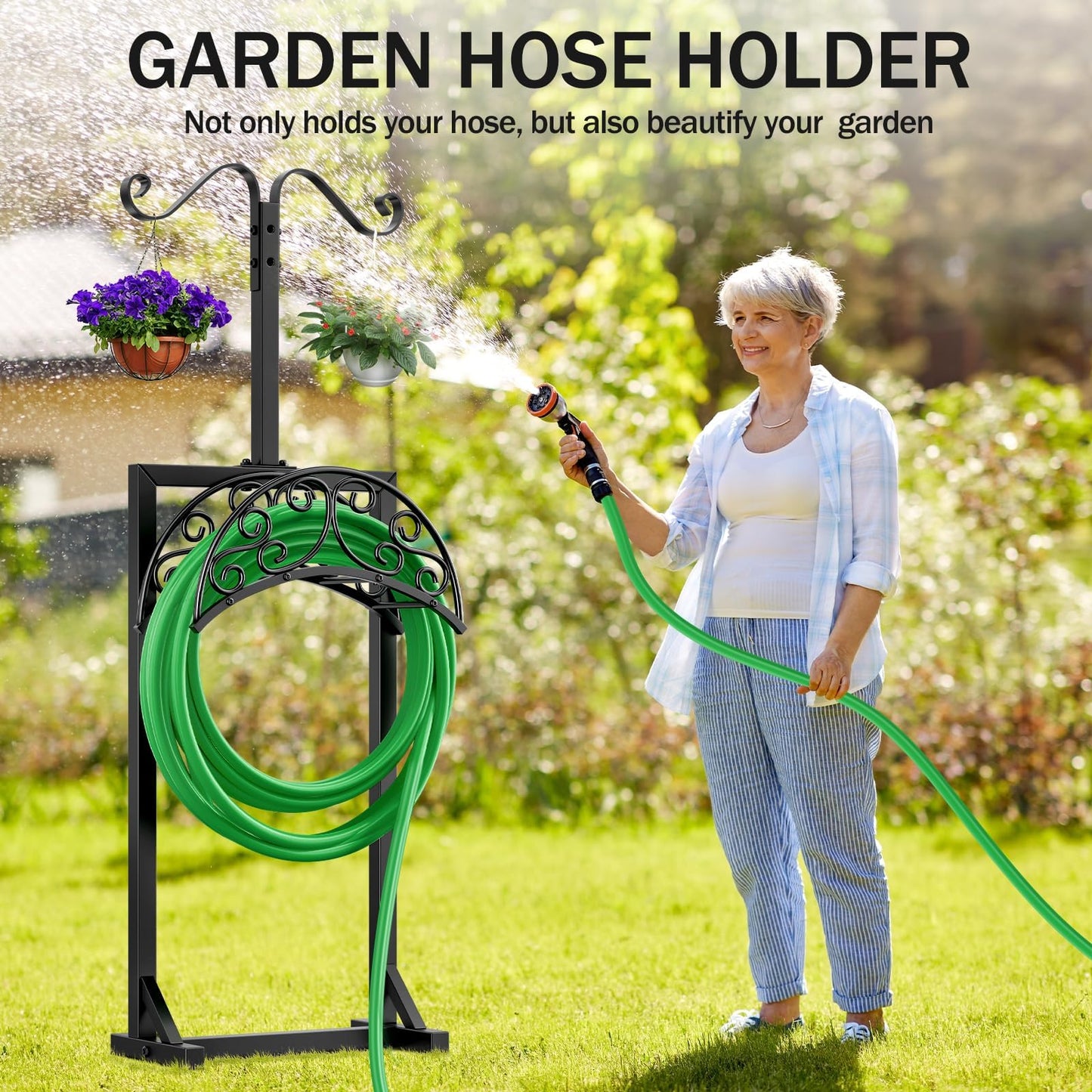 Jvgoo Garden Hose Holder for Outside - Upgraded Water Hose Holders with 5 Spikes & 2 Shepherds Hooks, Freestanding Hose Stand Heavy Duty Hose Hanger Hose Storage Hose Reel Rack for Outside Yard Lawn