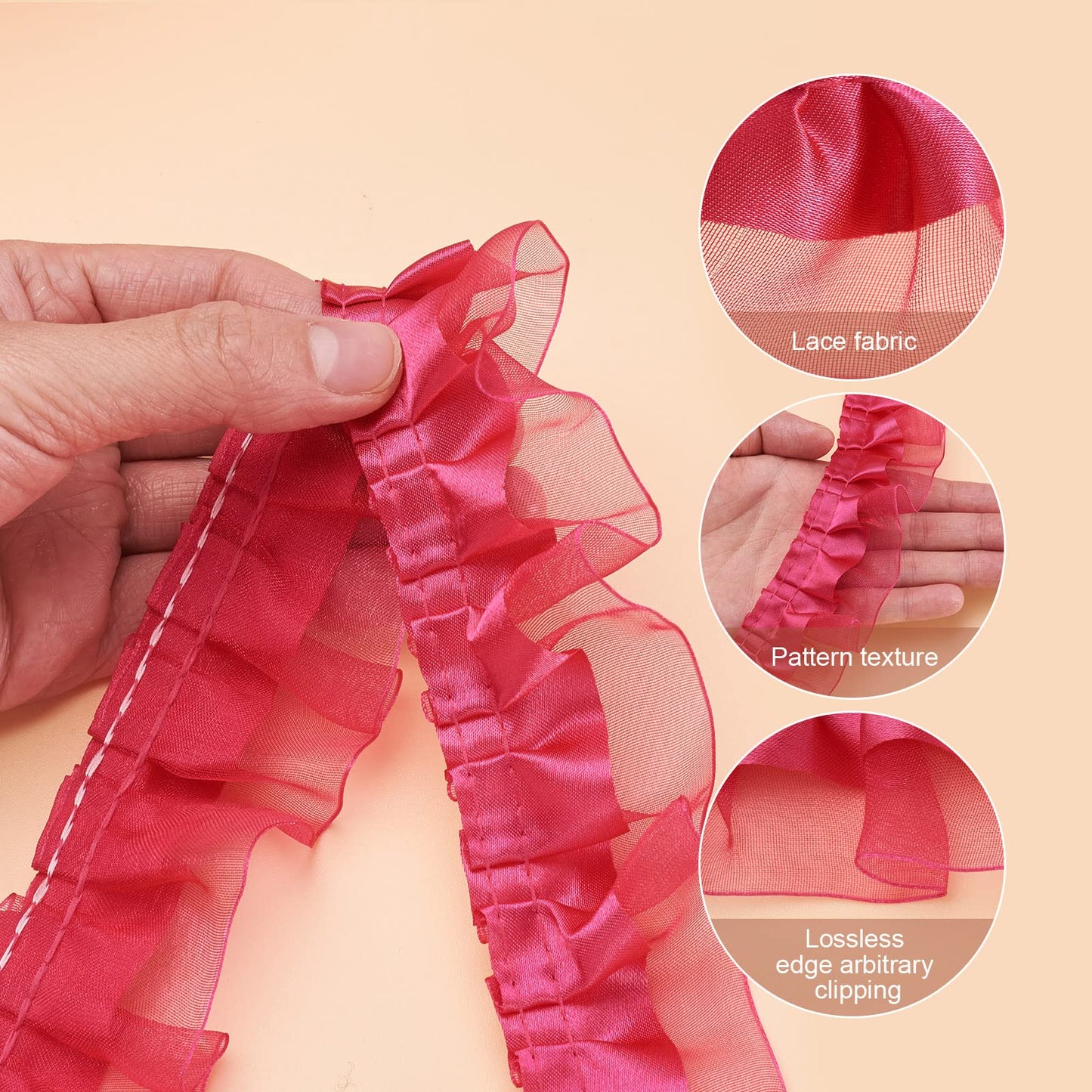 Beadthoven 21.8 Yards Double-Layer Lace Edge Trim Organza Ribbons 1-5/8 Gathered Pleated Ruffle Trim Chiffon Lace Tulle Trimmings Fabric Ribbon for Sewing DIY Crafts Dress Costume Pillowcase Hot Pink