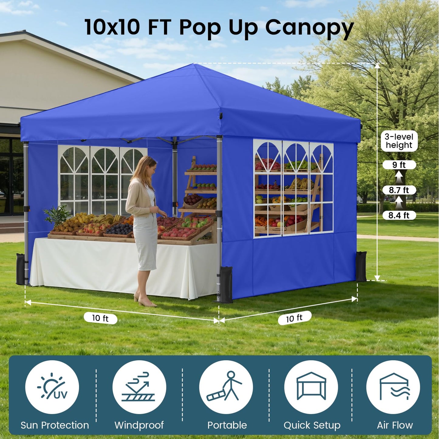 Raynesys Pop Up Canopy Tent with Sidewalls, 10x10ft 10 Person Party Tent One Push Setup, Portable Gazebo Outdoor Sun Shade for Events, Parties, Camping, Commercial, Silver Coated Top, Blue