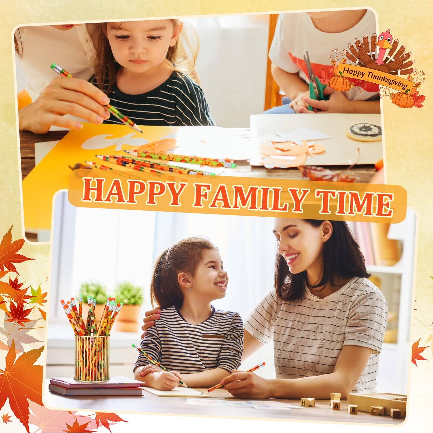 Crtiin 50 Pcs Fall Pencil Thanksgiving Assortment Wood Pencils Autumn Cylinder Funny Pencils Maple Leaf Turkey Pumpkin Decorative Pens for Kids School Supplies Autumn Party Gift, 10 Styles