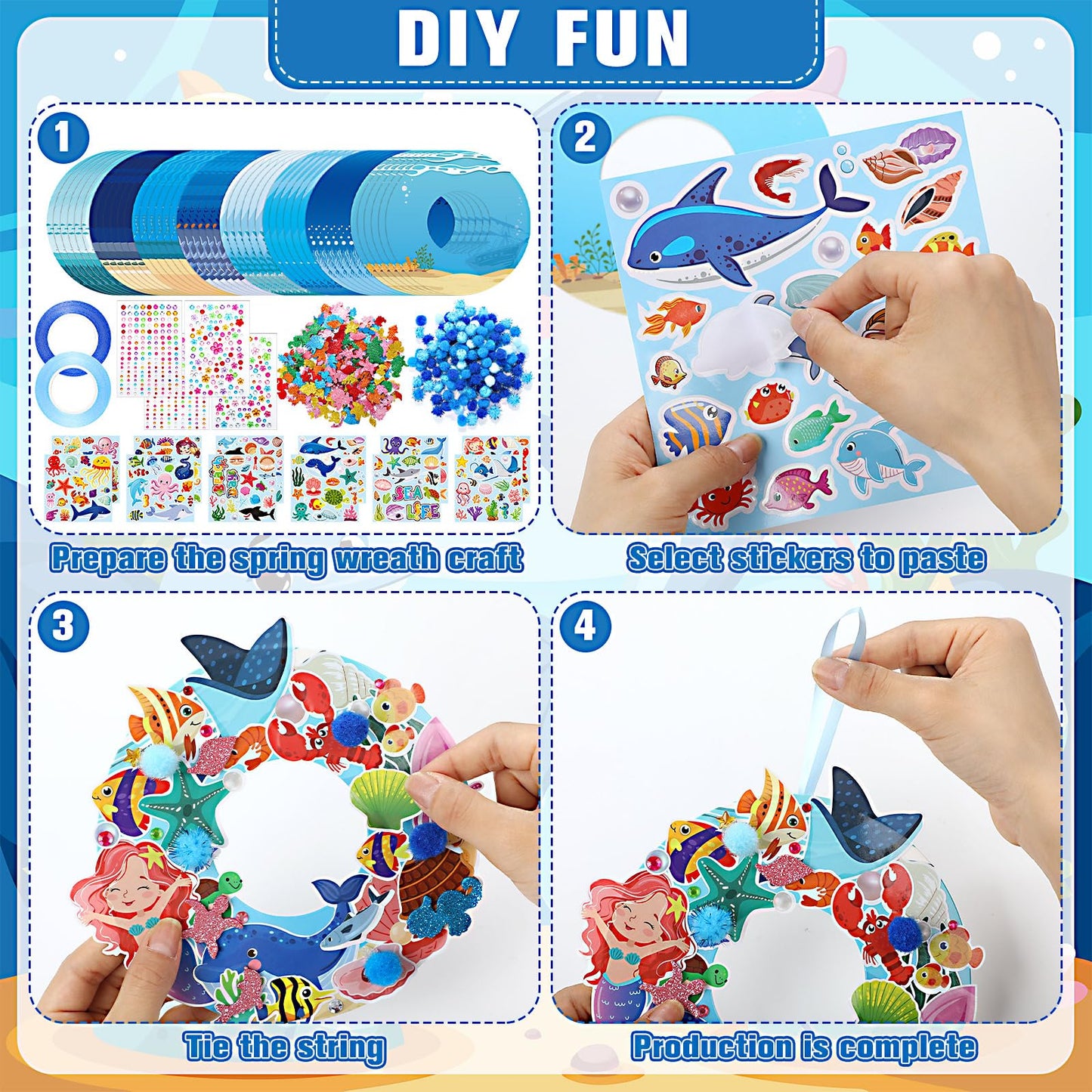 Hollowfly 48 Sets Summer Ocean Wreath Craft Kits DIY Under The Sea Wreath Hanging Ornaments Ocean Make Your Own Paper Craft with Stickers for Home Summer Sea Beach Party Favors Activities