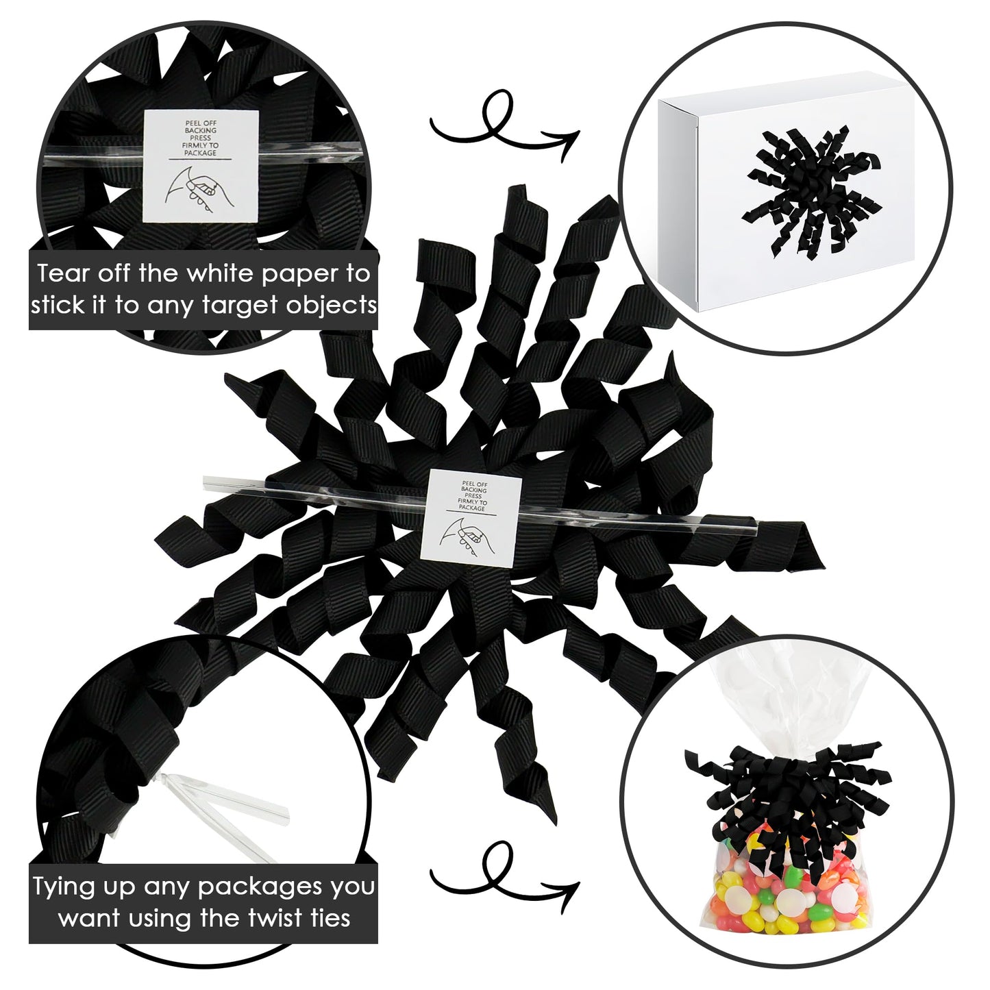 AIMUDI Black Bows 4" Black Burst Bows Self Adhesive Curly Ribbon Bows for Gift Wrapping Grosgrain Ribbon Twist Tie Bows for Treat Bags Gift Bags Christmas Wedding Party Decorations - 6 Counts