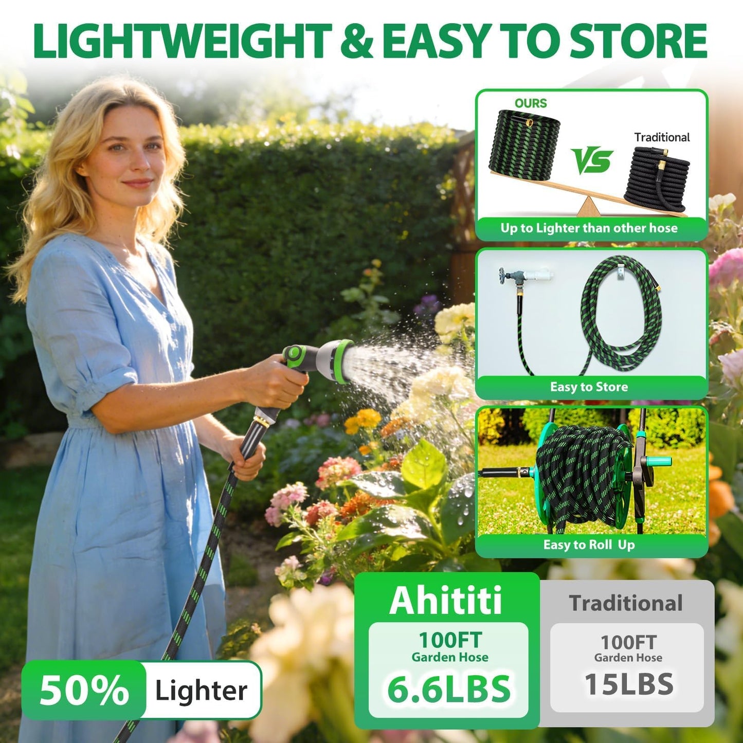 Ahititi Garden Hose 100 ft Water Hose Flexible Non-Expandable Outdoor Heavy Duty Lightweight Leakproof Kink-free flex Watering Hose Pipe for 3/4 inch Fitting Yard Lawn Outside Car Wash