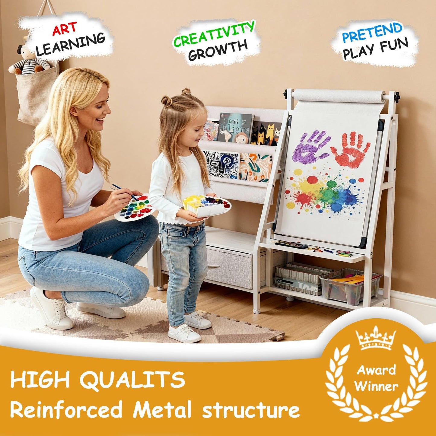 Faesun 4-in-1 Art Easel for Toddlers with Bookshelf and Toy Organizer, Kids Drawing Easel with Paper Roll & Magnetic Whiteboard, Birthday Gift for Ages 2–8, Boys & Girls