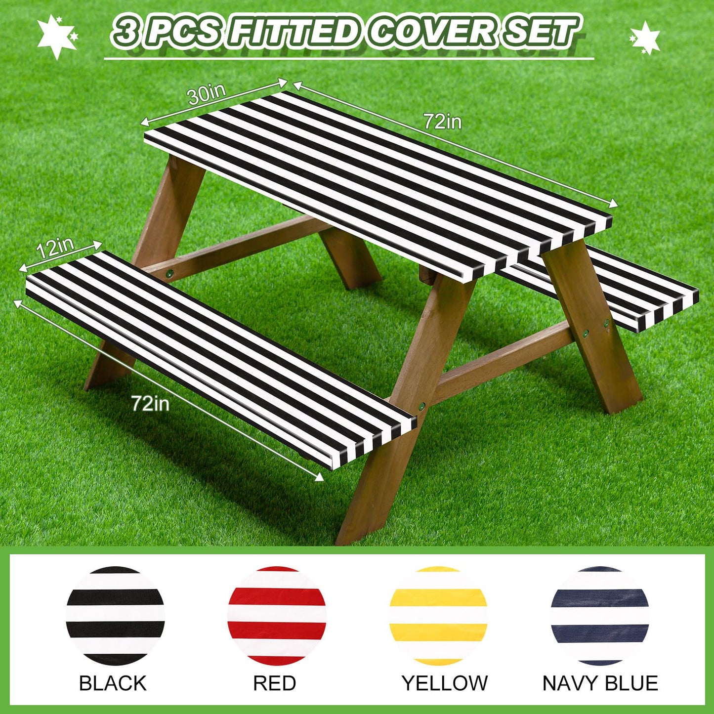 SmoothNovelty Picnic Table Cover with Bench Covers 72 x 30 Inch Waterproof Elastic Fitted Outdoor Stripe Tablecloth for 6 ft Rectangle Tables, School Camping Accessories Park(Black and White)
