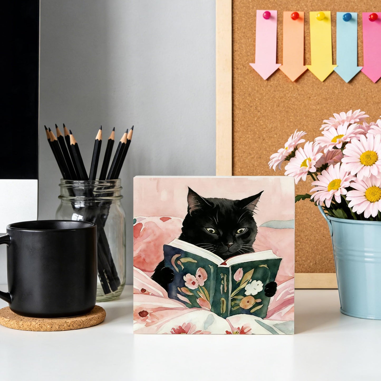 NHGMHBD Funny Black Cat Reading Book Wooden Box Sign 5x5 Inch, Reading Room Nook Corner Decor, Pink Bookish Kitten Decorative Wood Signs for Library Book Room Nook Home Desk Tabletop Shelf Decorations