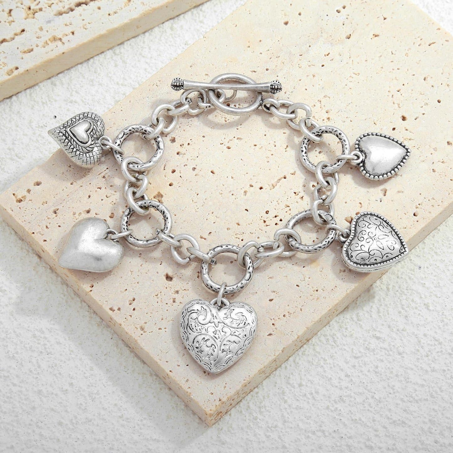 ENSKEFEN Vintage Heart Charm Bracelets for Women Matte White Gold Link Chain Bracelet with 5 Unique Heart Pendants OT Toggle Bracelet