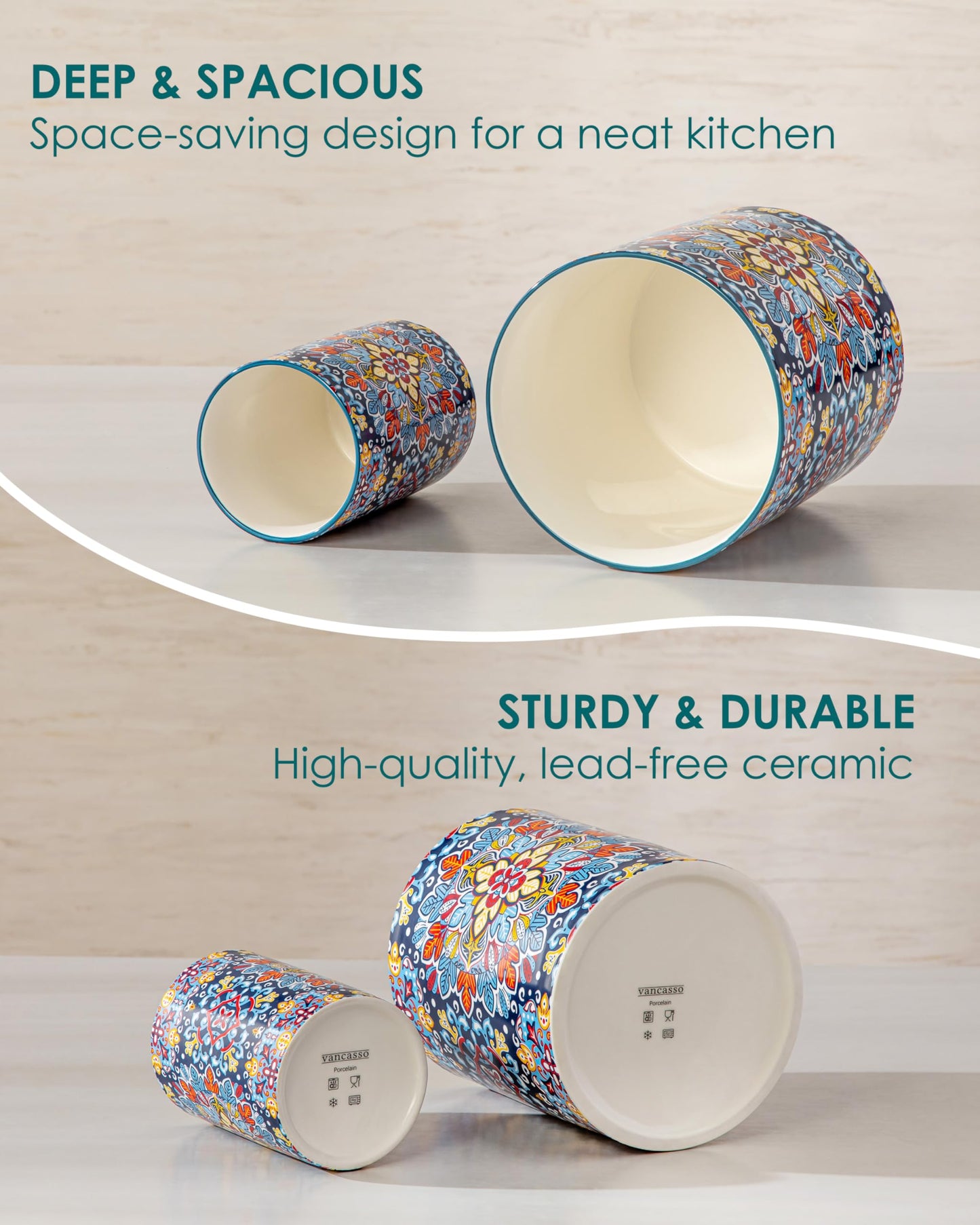 vancasso SIMI Utensil Holder, 7.3"+5.5" Porcelain Kitchen Utensil Holder for Countertop, Bohemian Kitchen Utensil Organizer for Spatulas, Spoons, Decorative Counter Utensil Crock, Twilight Bloom