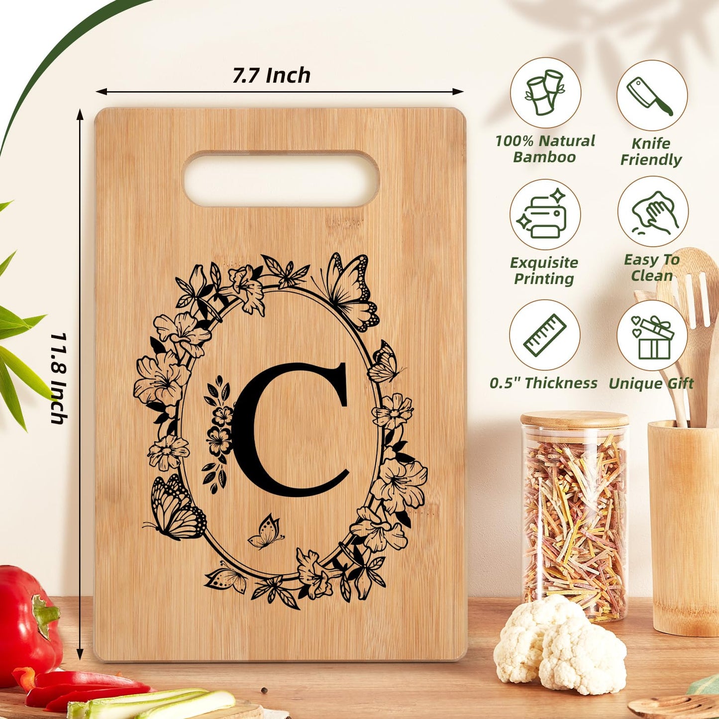 Personalized Cutting Board, Initial Christmas Birthday Gifts for Women, Christmas Monogram Gifts for Mom Sister Friend, Women Gift for Wedding Anniversary Housewarming Thanksgiving Kitchen Decor