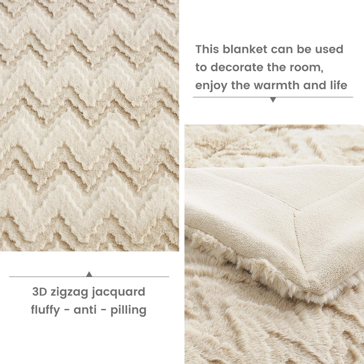 Cozy Bliss Faux Fur Textured Throw Blanket for Bed Super Soft Fuzzy Couch Blanket Gift for Women Premium 3D Ribbed Jacquard All Season Use Khaki Beige Zigzag 60"*80"