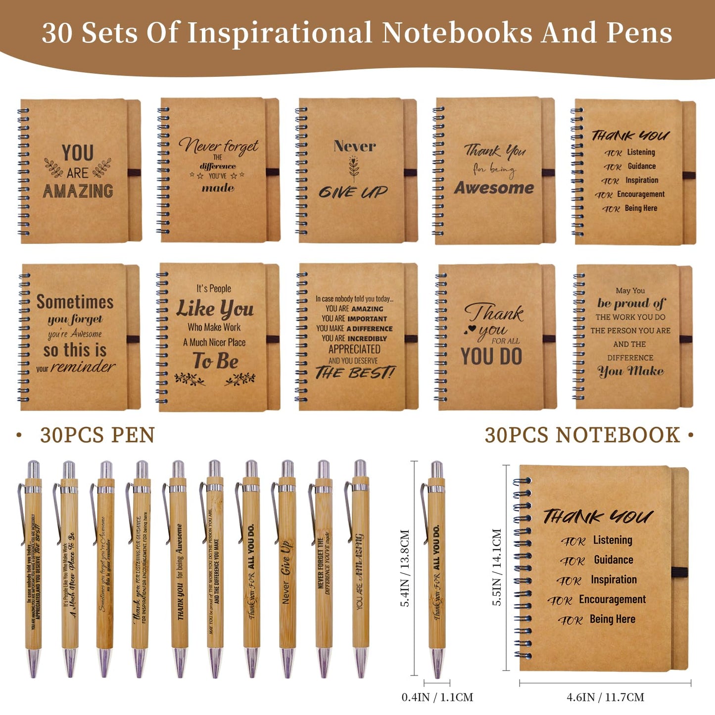 60 Pcs Employee Appreciation Gifts Bulk -30 Sets of Inspirational Notebooks with Motivational Pens, Small Notepads for Coworkers, Office Staff, Team, Volunteer, Group, Teachers, Thank You Gifts
