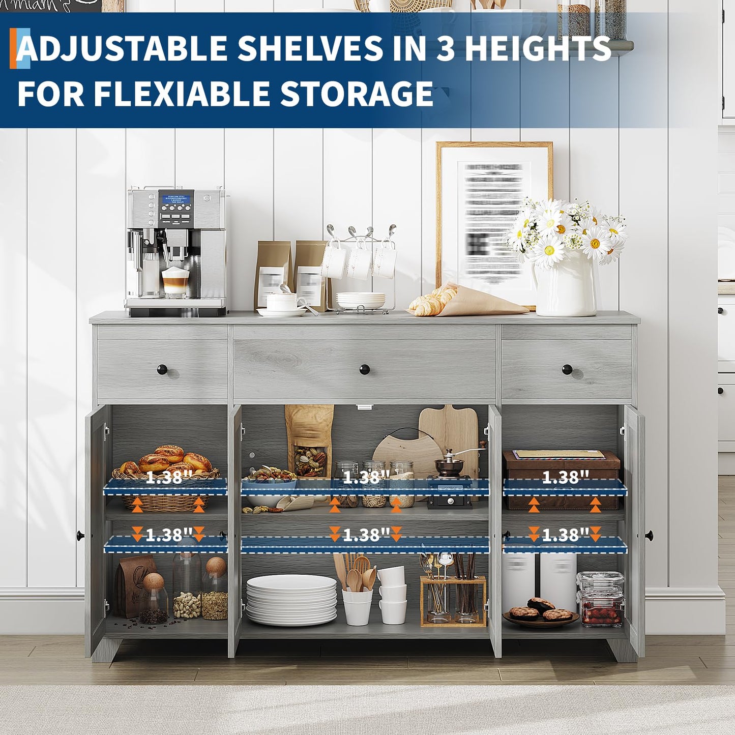 GarveeHome 55 in Sideboard Buffet Cabinet with Storage, Minimalist Kitchen Storage Cabinet with 3 Drawers & 4 Doors, Buffet Console Table Coffee Bar with Adjustable Shelf for Dining Living Room- Grey