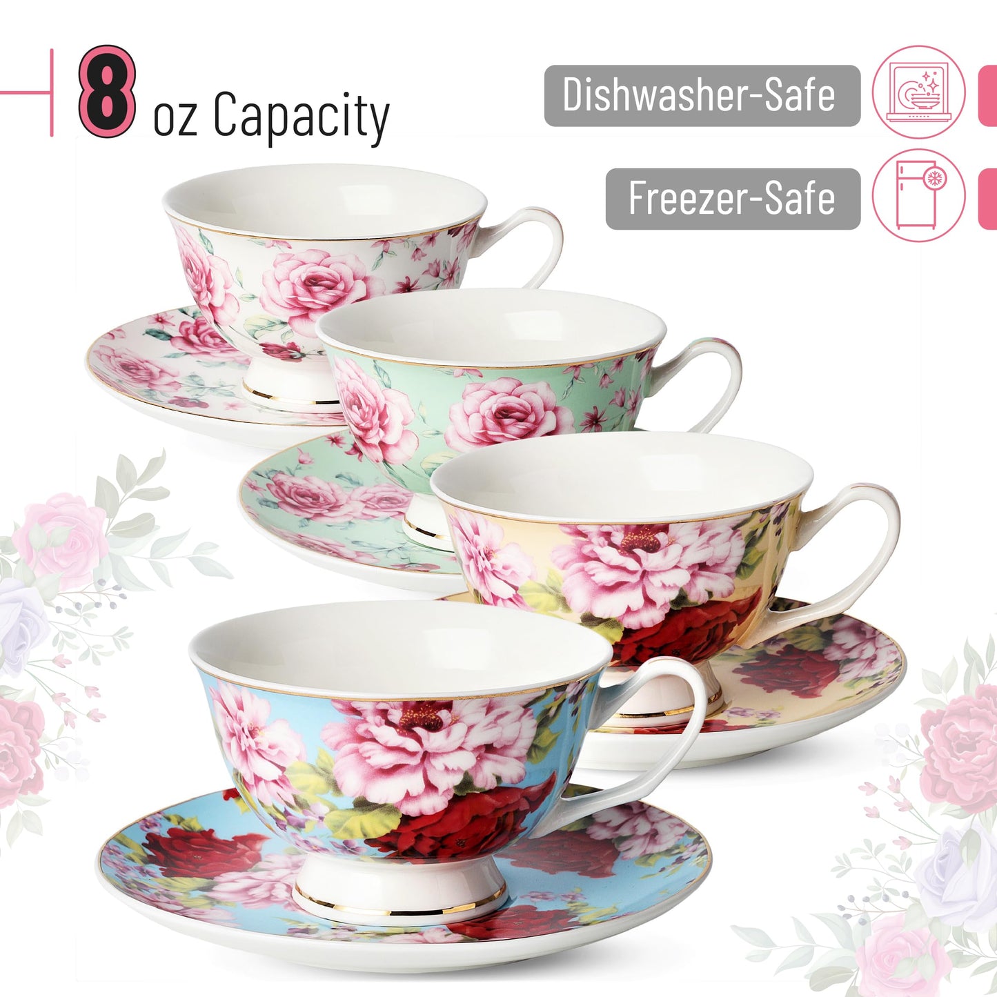 BTaT- Floral Tea Cups and Saucers Set of 4 (8 oz), Porcelain Tea Cup Sets with Gold Trim & Gift Box, Dishwasher & Freezer Safe, Mothers Day Gift