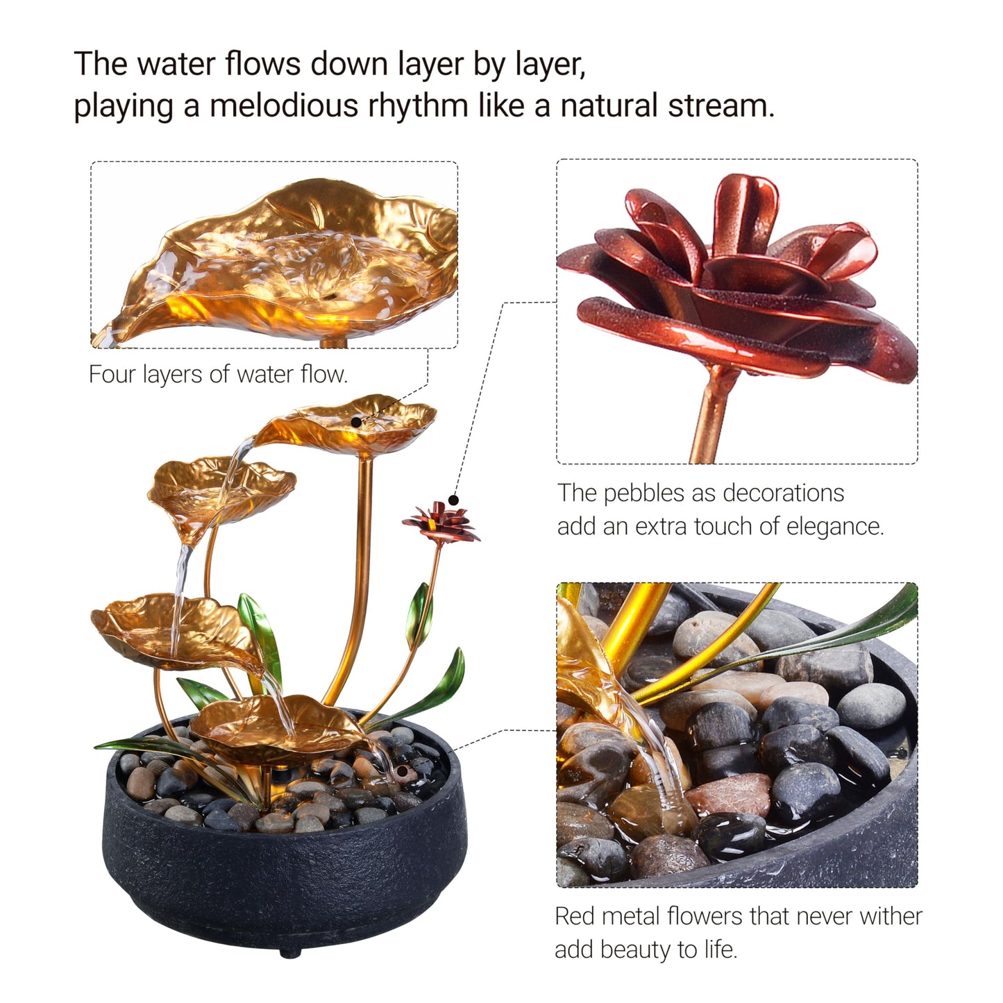 MSEONWXI Tabletop Fountain Metal Lotus Circulating Fountain Water Feature for Zen Home Decor Warm Yellow Scene Light(23034)