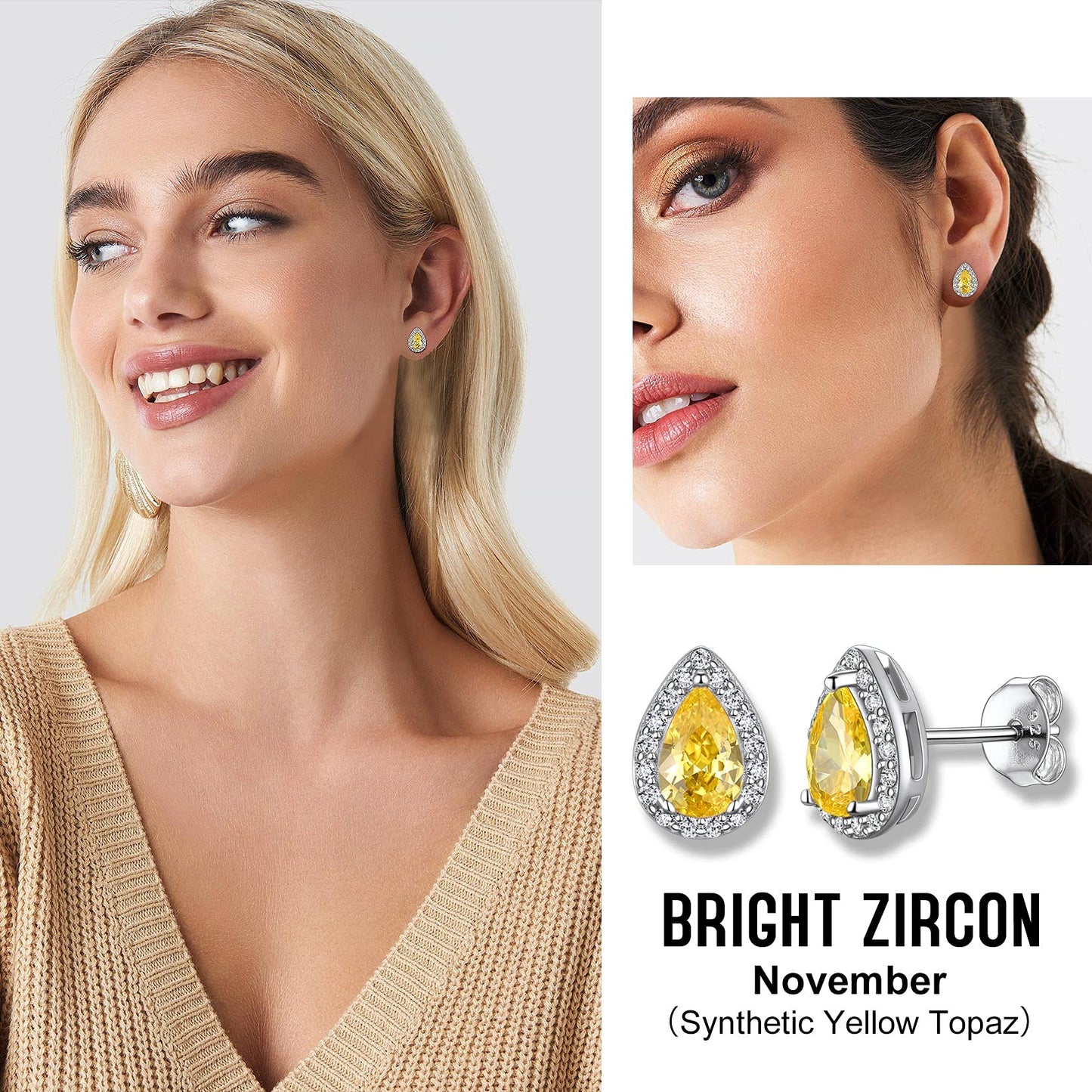 Bestyle Classic S925 Sterling Silver Love Teardrop Earrings, Dainty November Critine Crystals Birthstone Studs, Anniversary/Mother’s Day/Birthday Jewelry Gifts for Women Mom/Wife/Sister/Best Friend