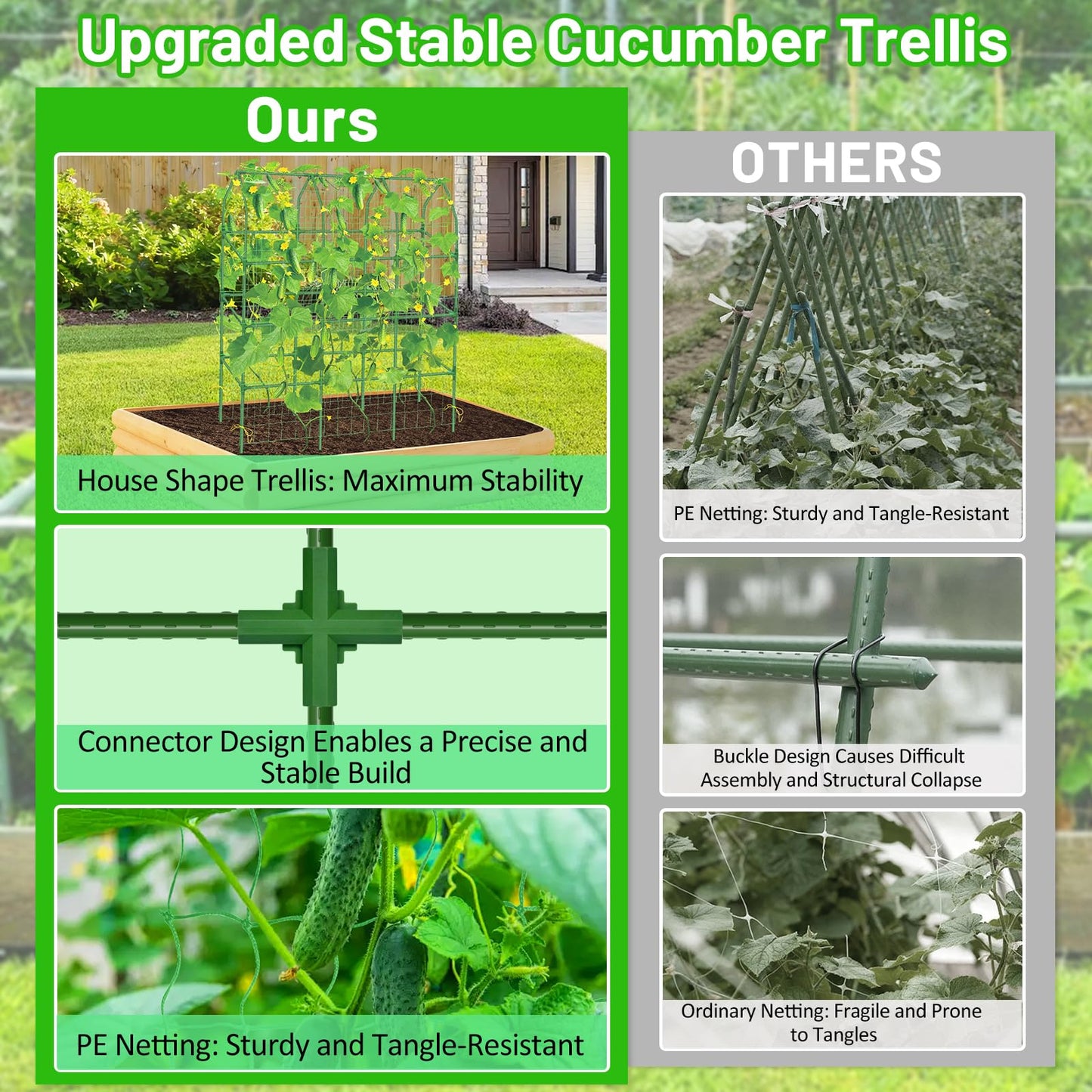 Sunwinx 50x65 Inch Cucumber Trellis for Raised Beds, V-Frame Metal Plant Garden Trellis for Climbing Plants Outdoor with Climbing Netting for Tomato Vegetable Grape Vine Bean Pea Squash