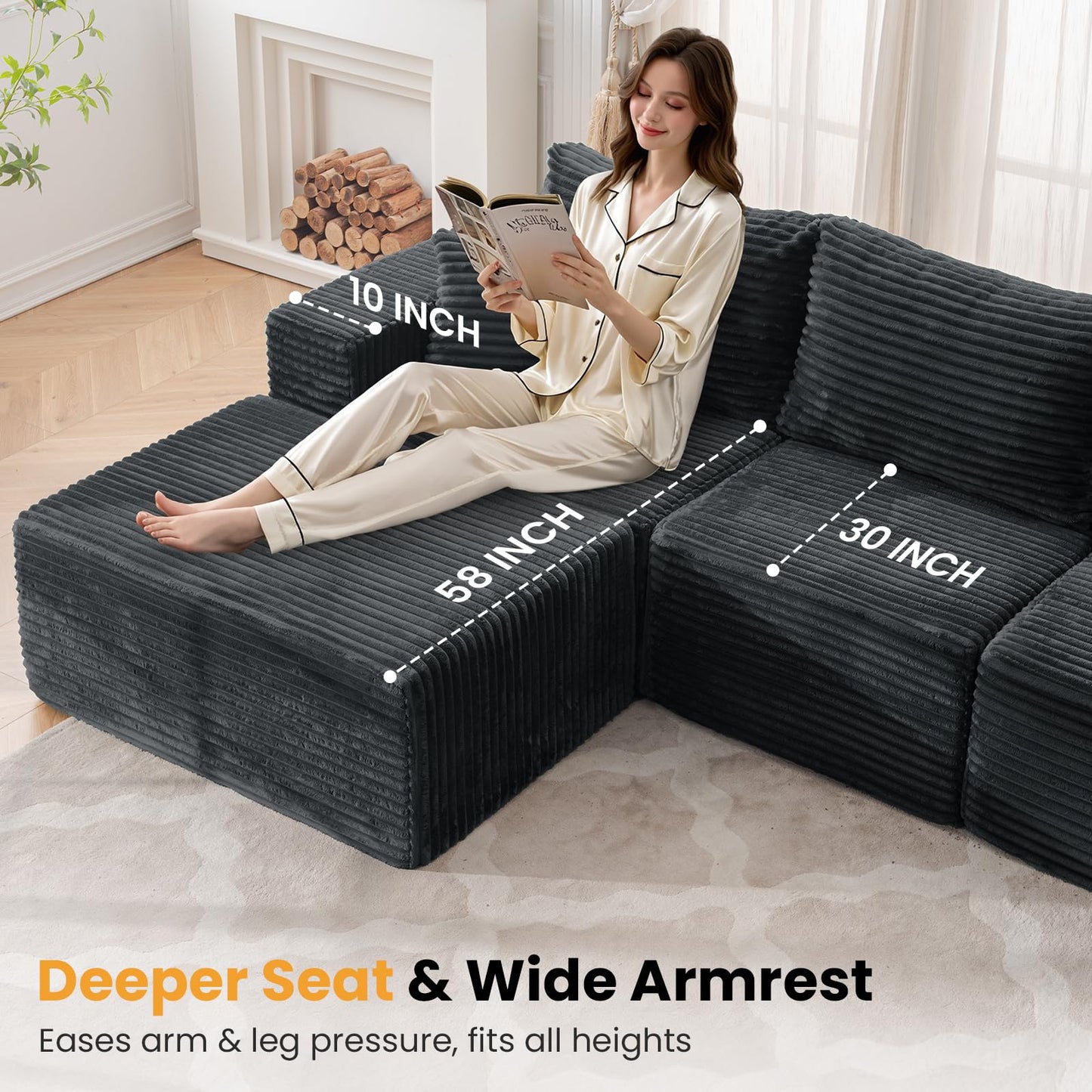 136" U Shaped Cloud Couch Modular Sectional Sofa with Deep Seat, 6 Seater Corduroy Couches, Boneless Couch with 2 Removable Ottomans, Sectional Couches for Living Room, No Assembly Required, Grey