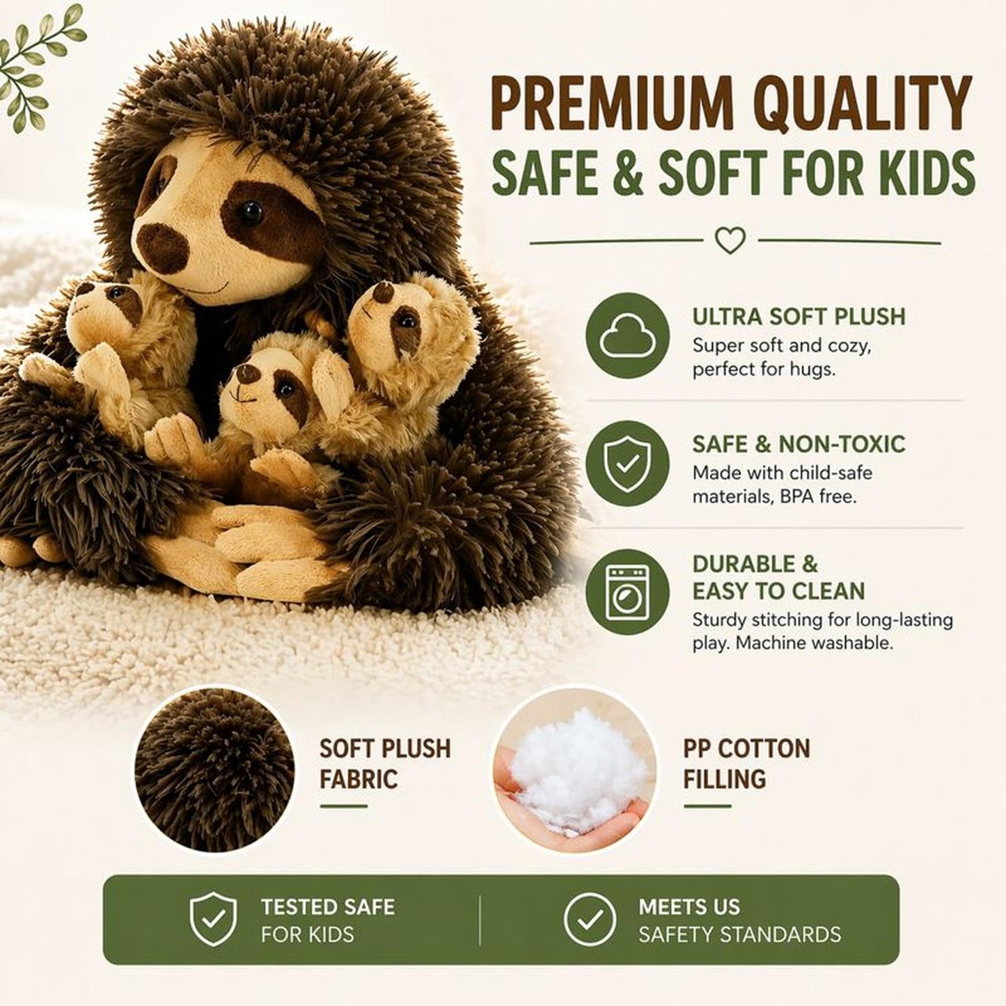 YOHAKI Sloth Plush Animal, 11.02" Cute Stuffed Sloth with 3 Baby Sloths, Easter Stuffed Sloth Animal, Washable Plush Toys, Cute Three Toed Sloth Birthday Gifts for Kids Boys and Girls, Brown