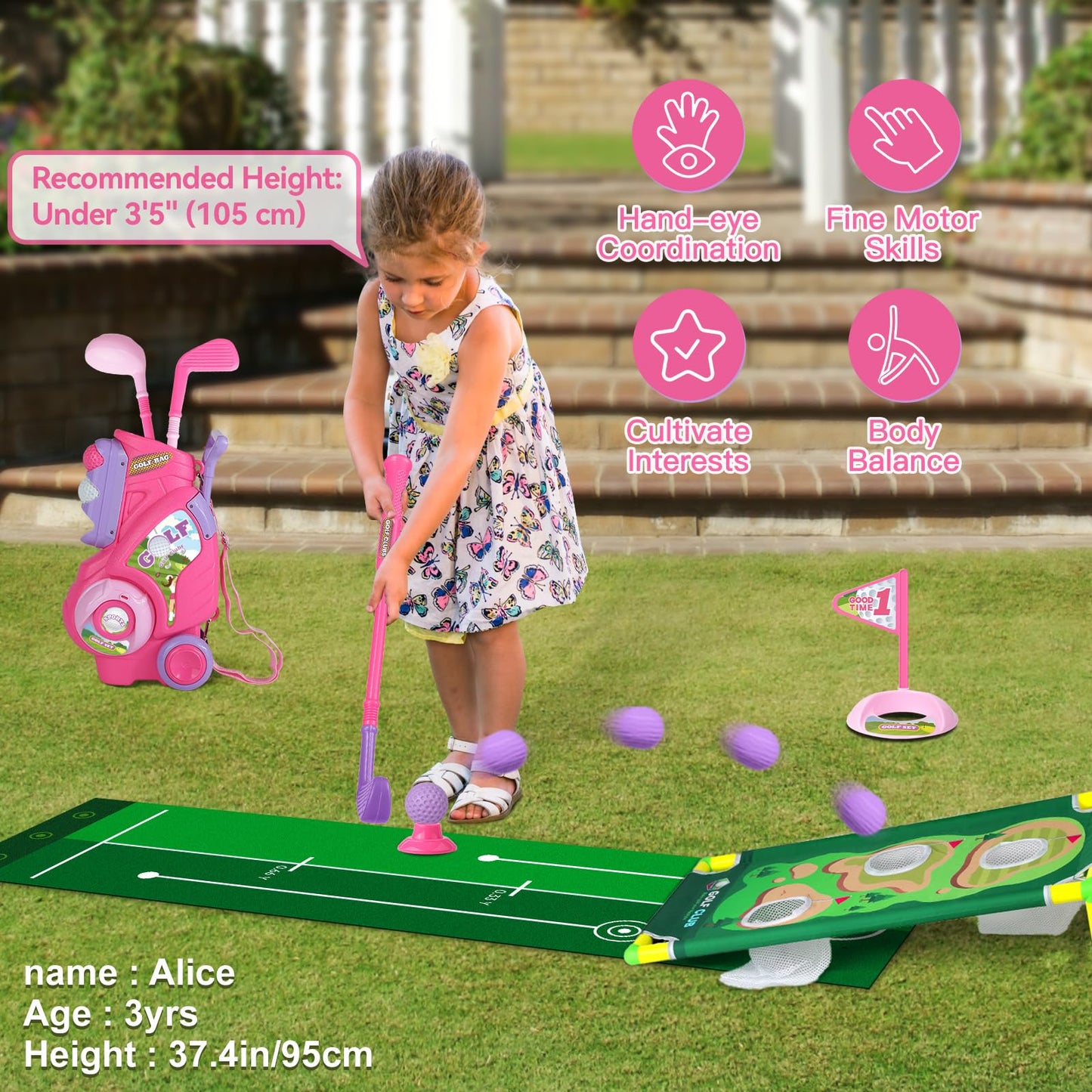 Jovizo Toddler Golf Set for Boys Girls 1 2 3 4 Years Old, Upgraded Kids Golf Cart with Putting Mat & Cornhole Board, Outdoor Indoor Sports Toys, Pink
