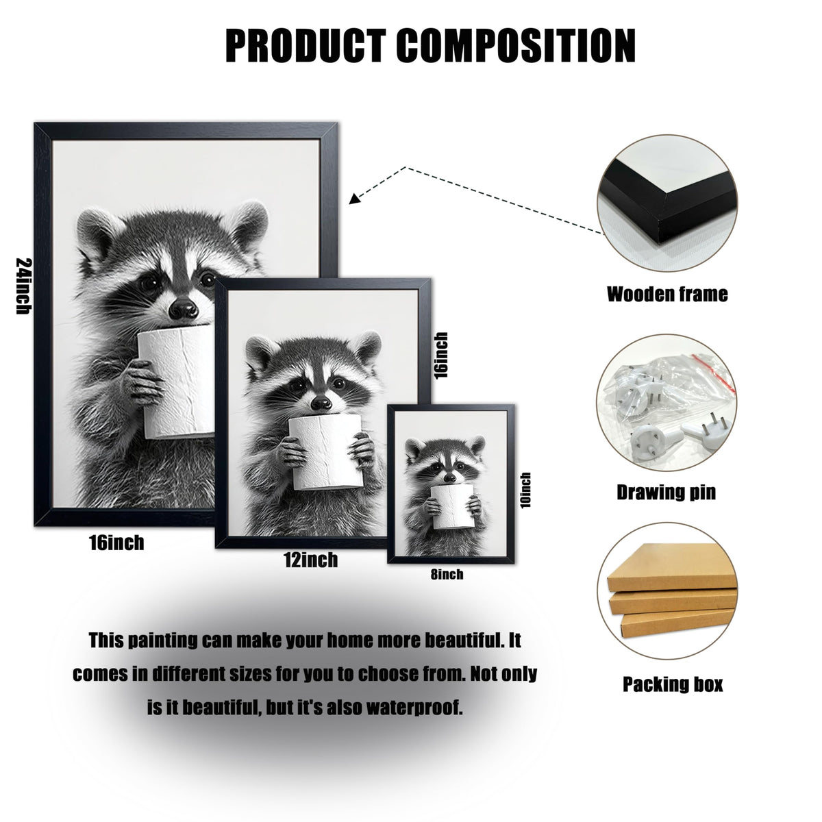 XYHYRA Bathroom Wall Art, Cute Black and White Raccoon Canvas Prints Poster, Funny Animal Decor Oil Painting, Modern Farmhouse Picture Artwork for Bathroom Toilet Wall Decor 8x10 Inch Framed