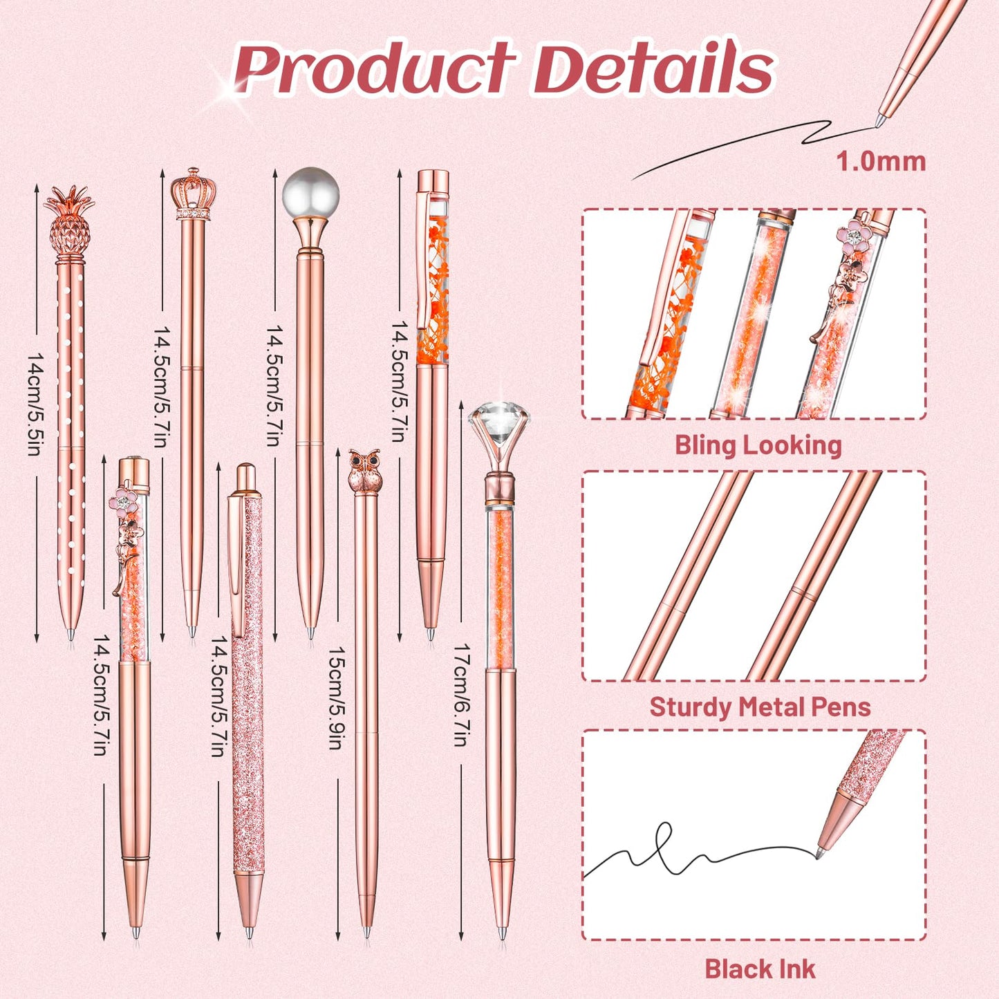 8 Pcs Rose Gold Ballpoint Pens Set, Handmade Crystal Pen Holder for Desk Black Ink Fancy Pens Liquid Sand Glitter Pens Bling Diamond Pens Gifts for Women Girls School Wedding Office Desk Supplies