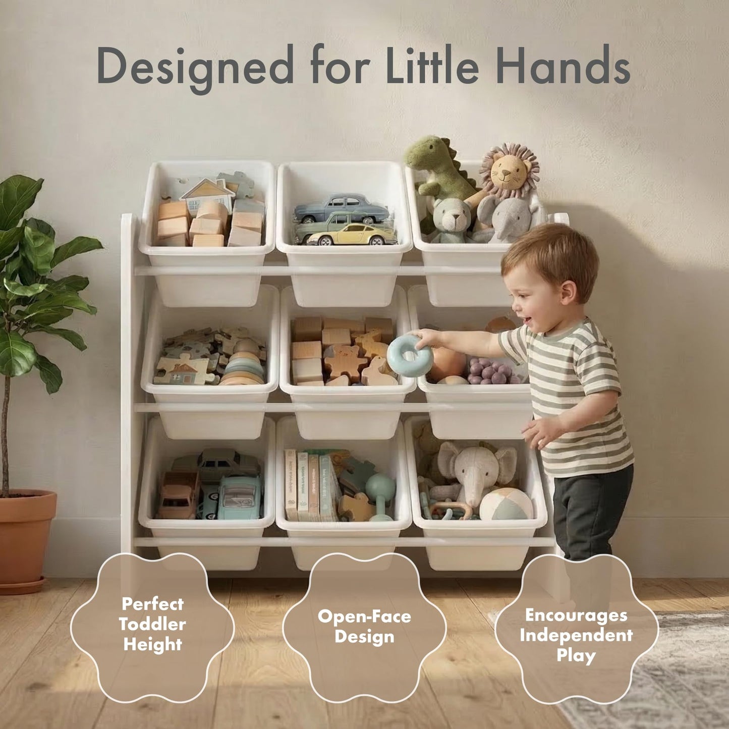 Humble Crew Toy Storage Organizer with 9 Removable Storage Bins for Kids Playroom, 3-Tier Toddler Toy Organization and Storage, White/White
