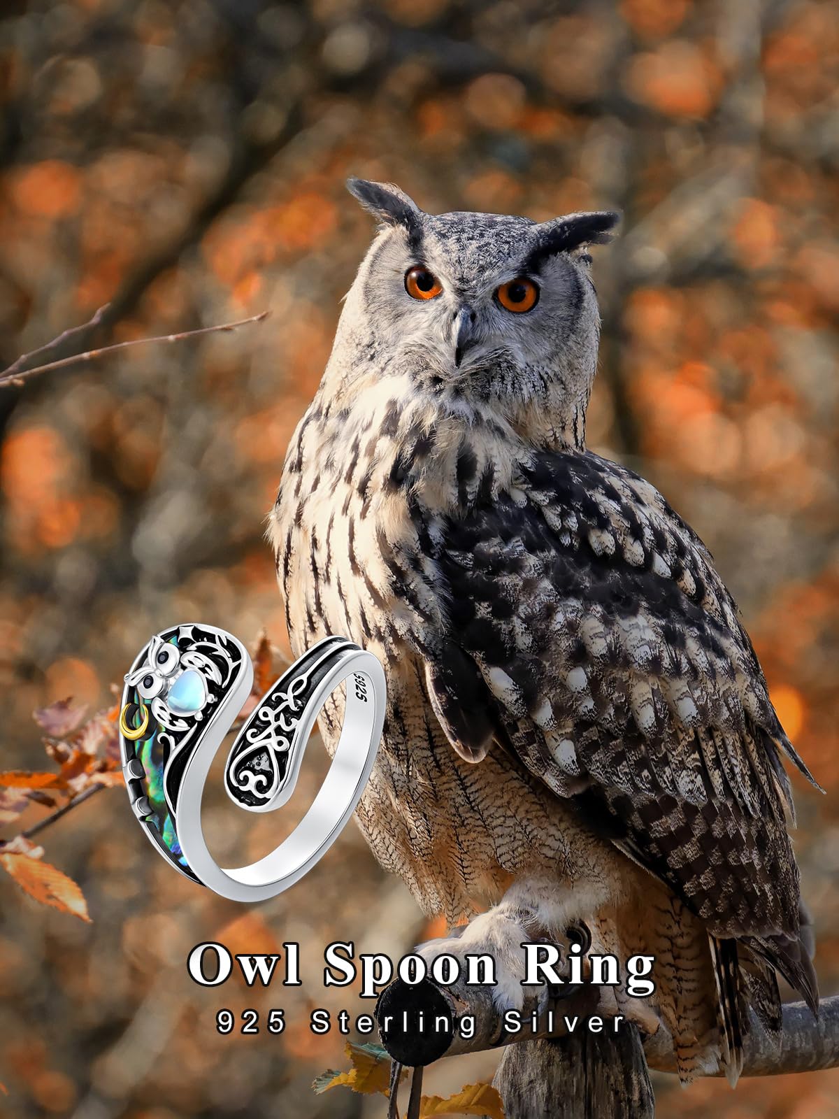 Midari Owl Spoon Rings for Women 925 Sterling Silver Abalone Shell Unique Rings Adjustable Owl Moonstone Rings Open Spoon Thumb Rings Owl Jewelry for Women Men Birthday Christmas Gifts
