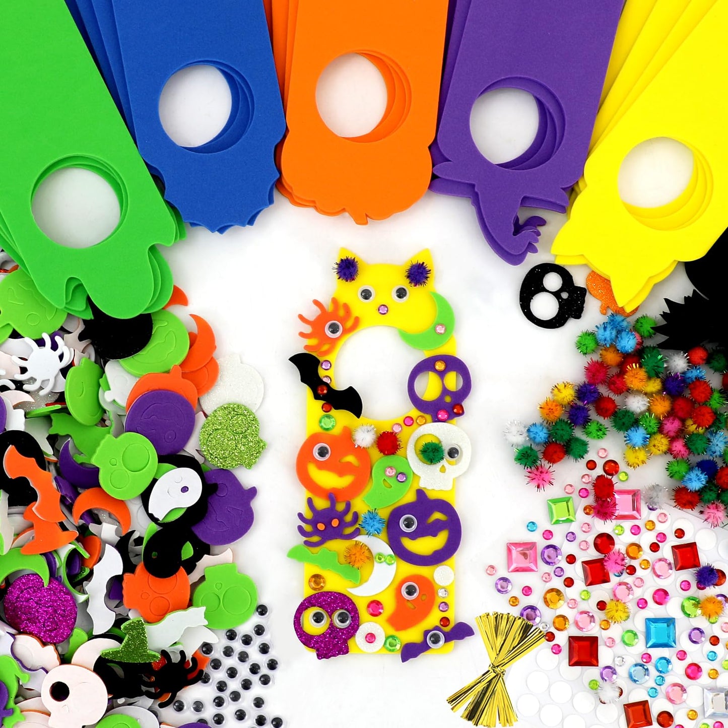 24 Set Halloween Craft Kits, DIY Halloween Doorknob Hanger Decorations Fall Arts & Crafts Supplies, Halloween Pumpkin Bat Ghost Monster Foam Stickers for Classroom Party Favors Activities