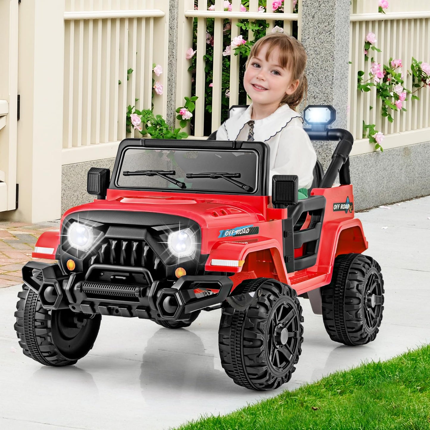 Costzon 12V Kids Ride on Truck Car, Electric Vehicle w/Remote Control, Threaded Wheels, 3 Speeds, LED Lights, Music, Horn & Wireless Connection, Battery Powered Ride on Toy for Boys & Girls 3+ (Red)