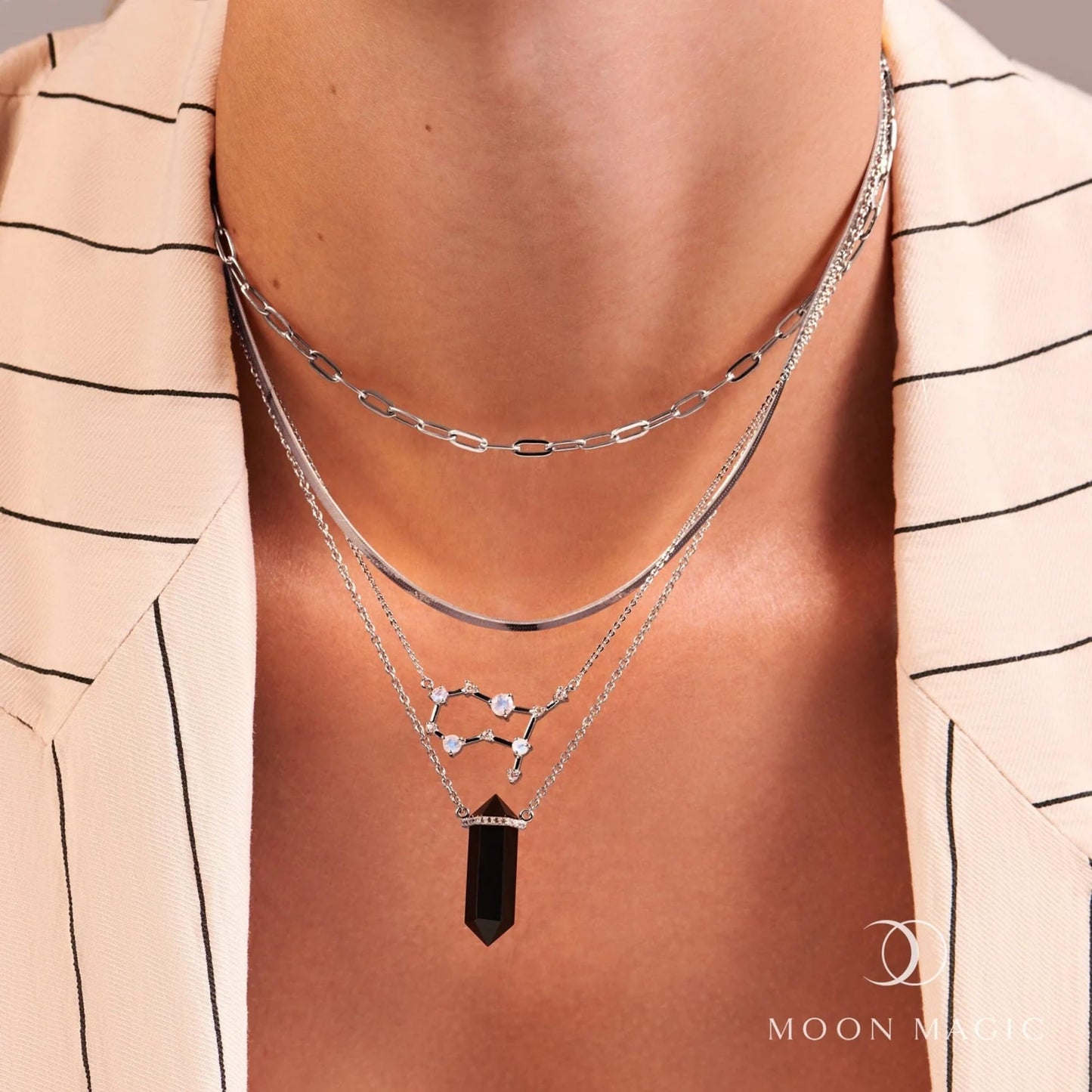 Moon Magic Moonstone Necklace - Gemini Zodiac Constellation / 925 Sterling Silver - 18k Rose Gold - Yellow Gold Rainbow Moonstone Necklaces for Women/Authentic Rainbow Crystal Jewelry