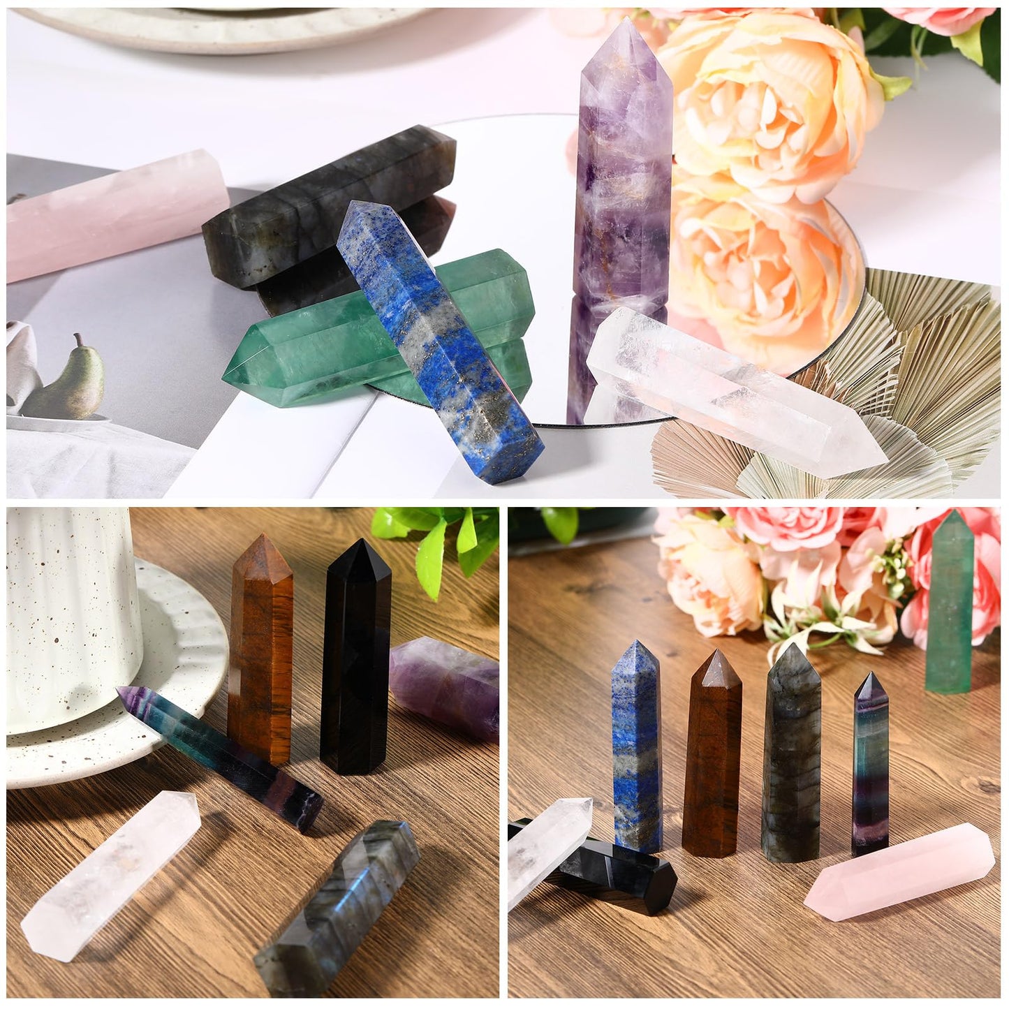 Junkin 9 Sets Healing Crystal Wand, Amethyst Rose Quartz Clear Quartz Tiger Eye Obsidian Fluorite Labradorite Lapis Lazuli for Meditation Crystal Therapy Reiki Supplies(Mixed Color,2.8-3.1 Inch)