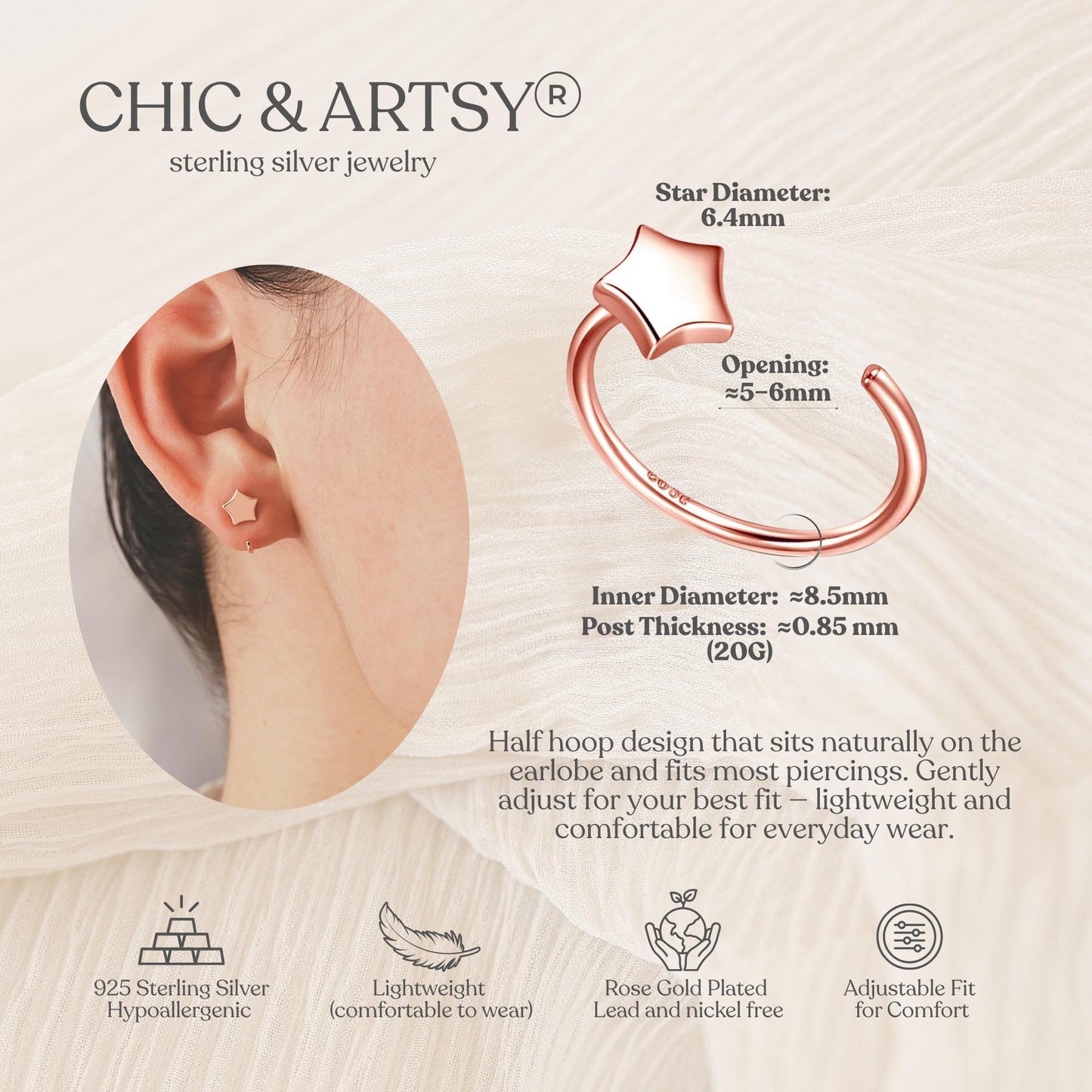 Half Hoop Earrings 18K Rose Gold Plated 925 Sterling Silver Star & Ball Huggie Open Hoop Earrings Little Sleep Huggy Hoop Earrings for Women