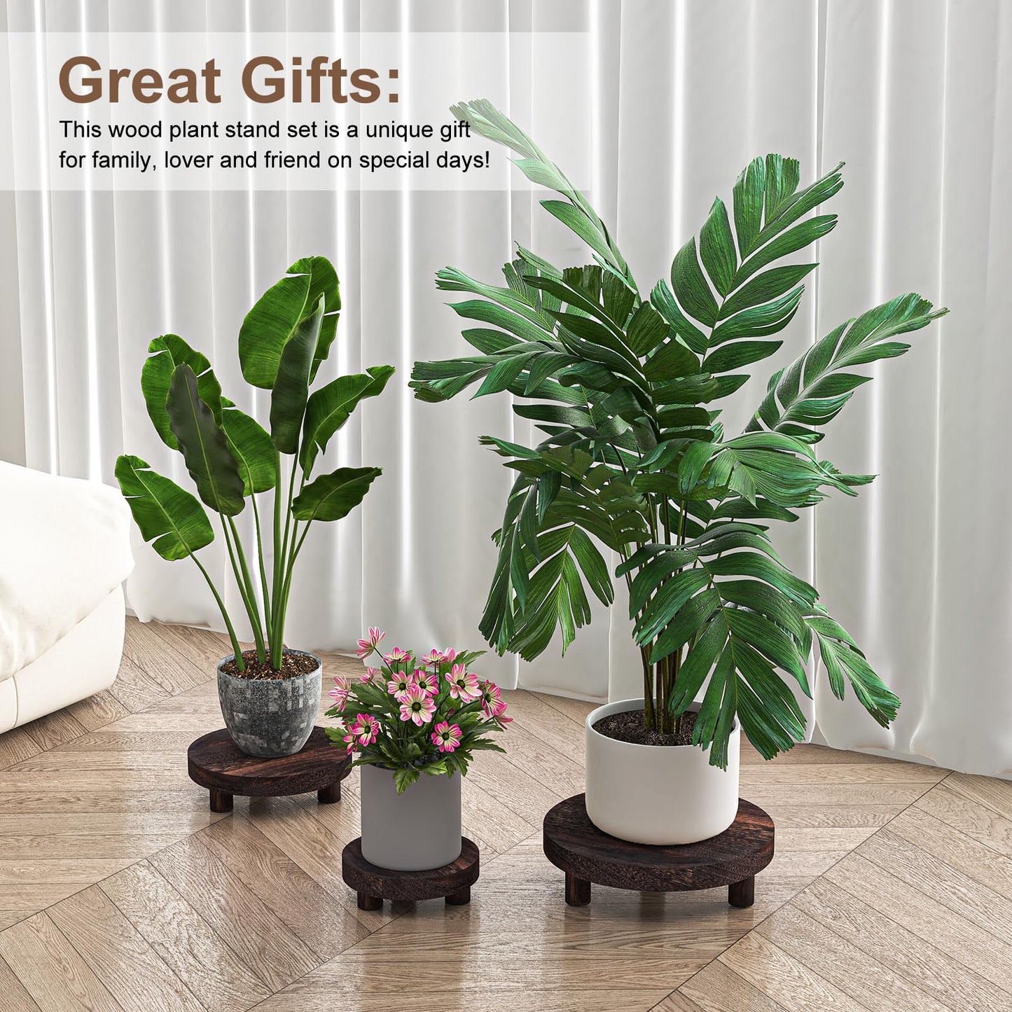 HAWHUV 3 Pcs Wood Plant Stand Indoor Outdoor, Round Wood Riser for Decor 6/8/10" Wooden Stool Display Stand Flower Pot Holder Small Planter Tray Modern Potter Decorative for Desktop Counter Room