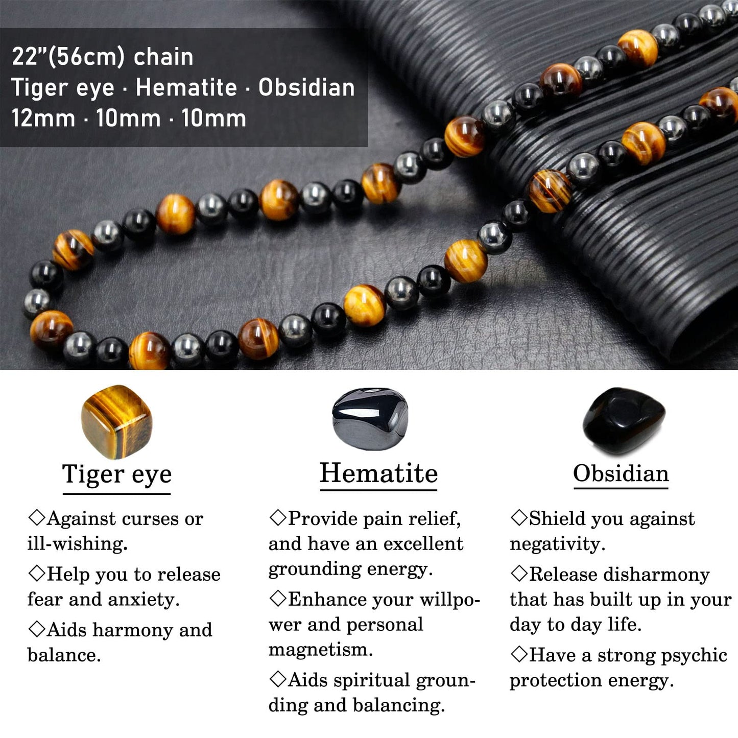 GENASTO Healing Crystal Black Obsidian Tiger Eye and Hematite Beads Necklace Triple Protection Necklace Unique Ideas Men Necklaces Jewelry Gifts for Men for Stress Relief and Balance
