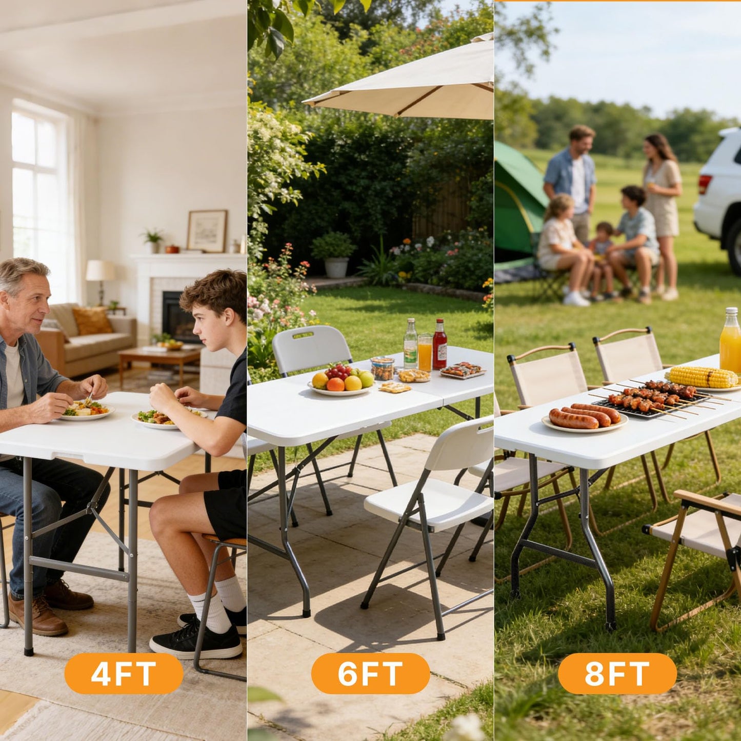 HAPPYMONT 8 Feet Folding Picnic Table, Plastic Table with Carrying Handle, Heavy Duty Portable Table for Camping Party, White
