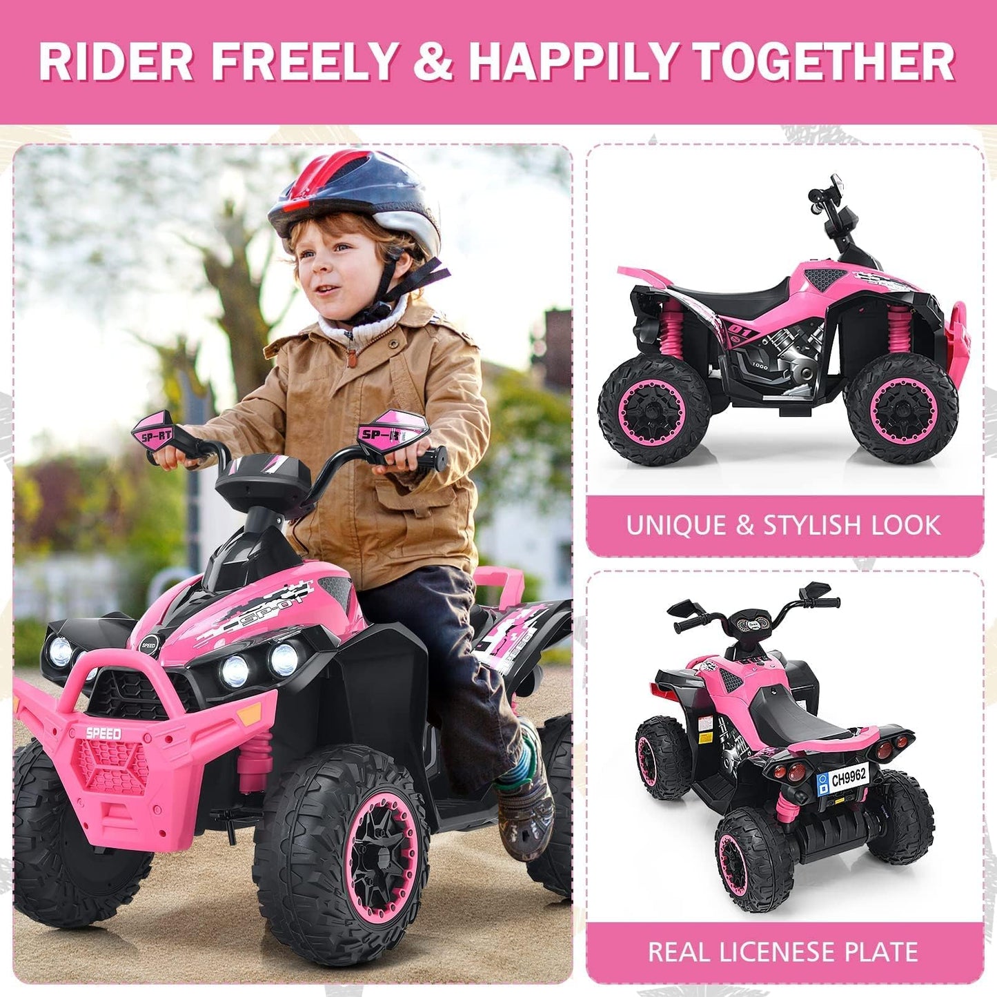 INFANS Kids Ride on ATV, 12V 4 Wheeler Quad Toy Vehicle with Music, Horn, High Low Speeds, LED Lights, Electric Ride On Toy, Battery Powered Wheels Car for Kids 3-8 Years Old (Pink)