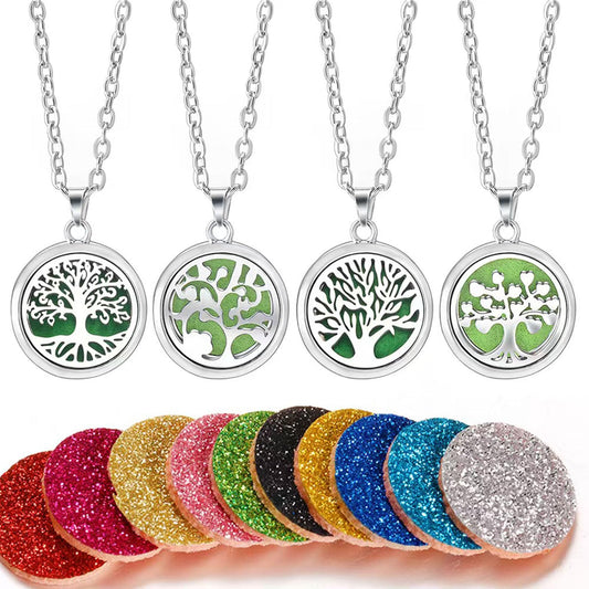 4-Piece Set of Fashionable Tree of Life Aromatherapy Necklace, Stainless Steel Diffuser Perfume Pendant, Everyday Wear Giftable Trendy Jewelry
