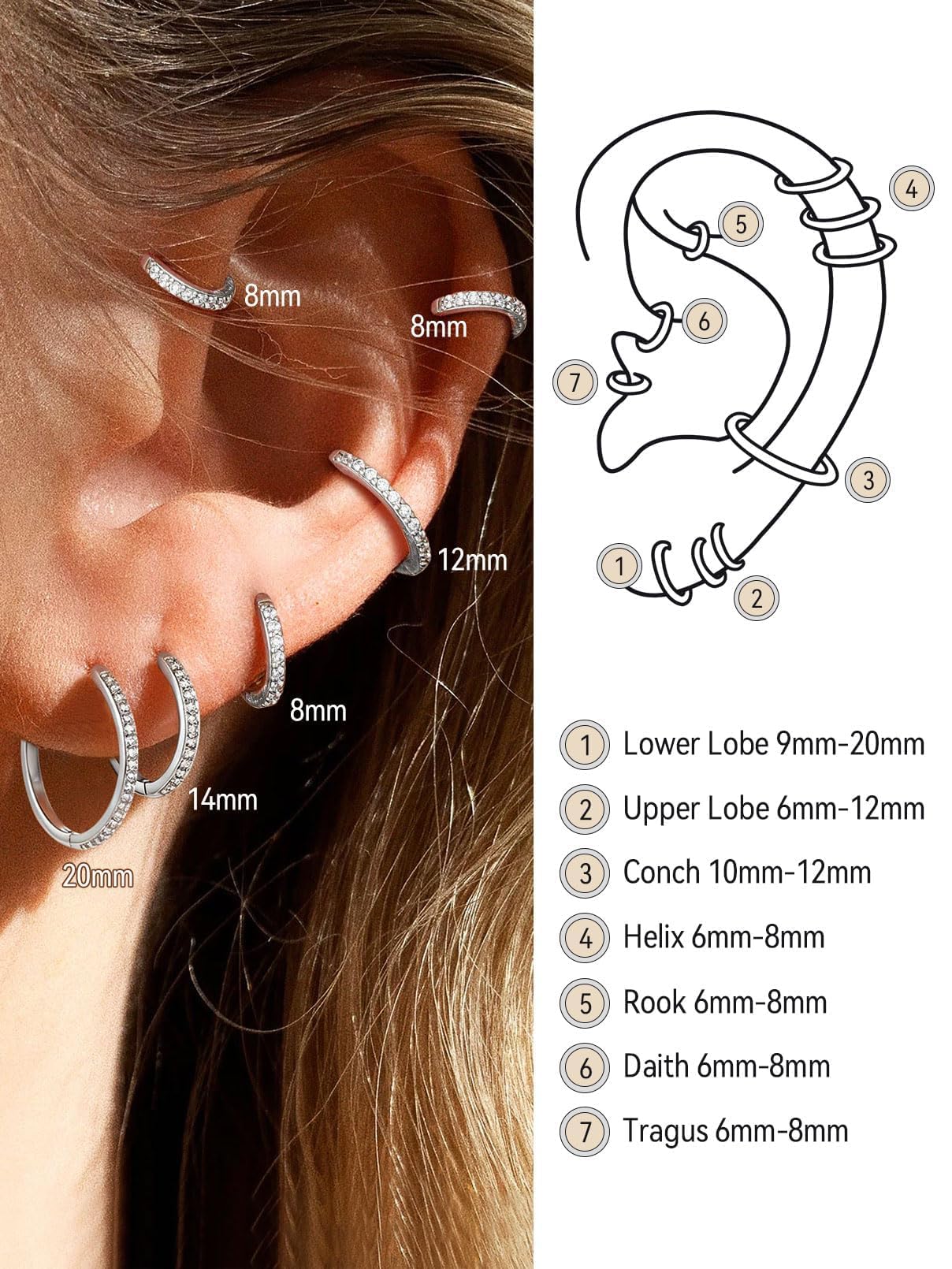FaithHeart Cubic Zirconia Hoop Earrings for Women, Silver Hypoallergenic Huggie Hoop Earrings, Small Cartilage Earrings for Women 8mm, Send Gift Box