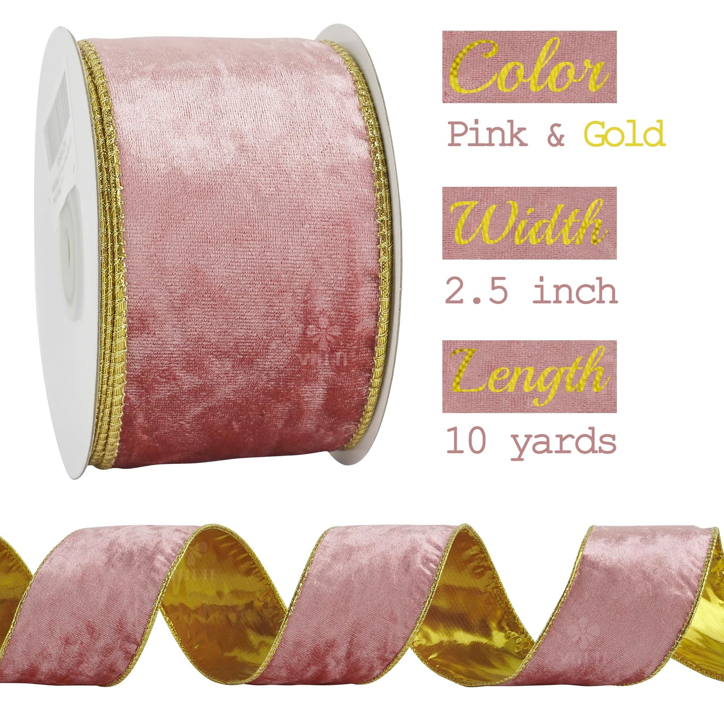 MEEDEE Pink and Gold Velvet Ribbon 2.5 inch Thick Velvet Wired Edge 10 Yards Two Tone Ribbon for Christmas Tree, Gift Wrapping, Wreaths, Large Bows, Crafts Supply