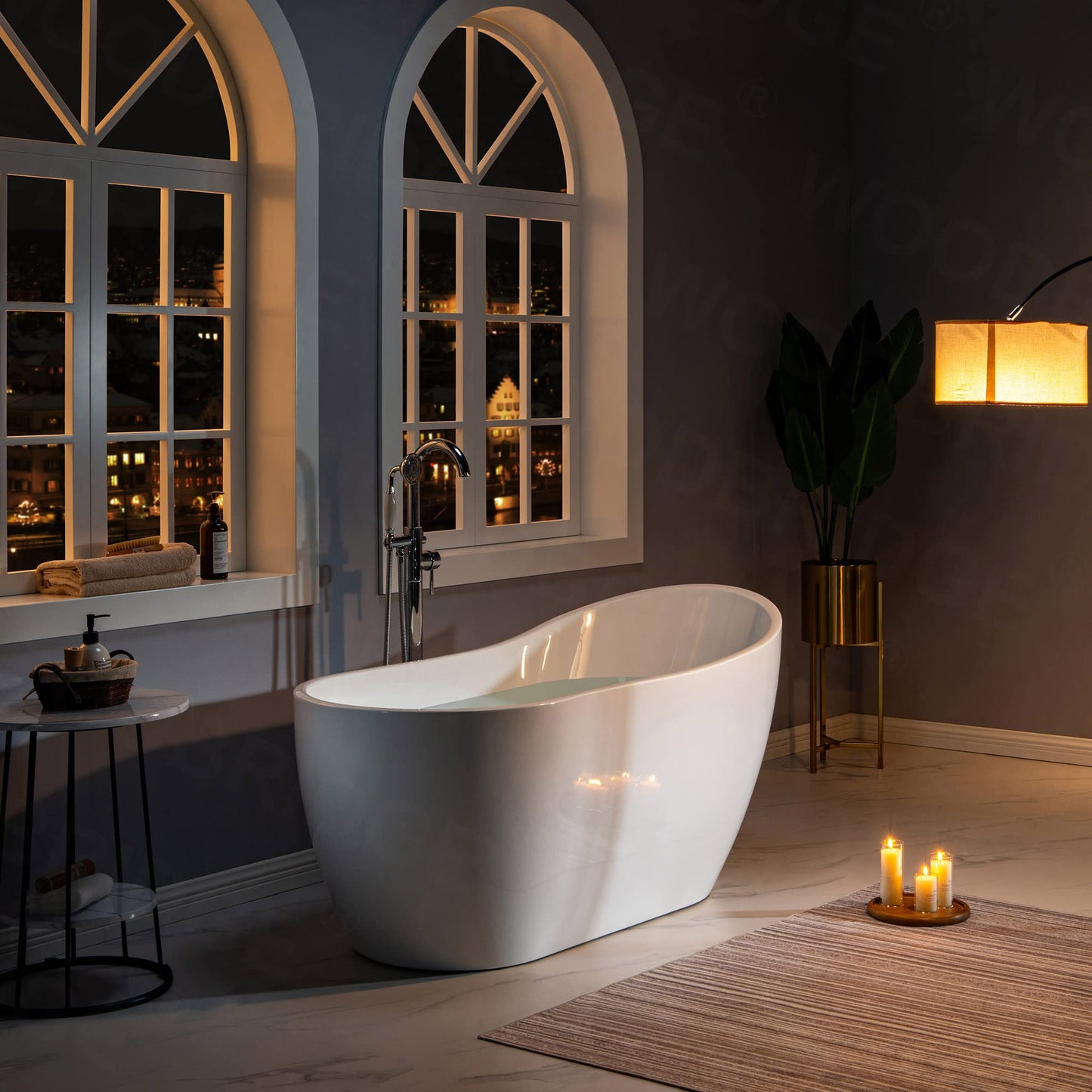 WOODBRIDGE 59" Acrylic Freestanding Bathtub Contemporary Soaking White Tub with Matte Black Overflow and Drain，B1530-MB-Drain&O