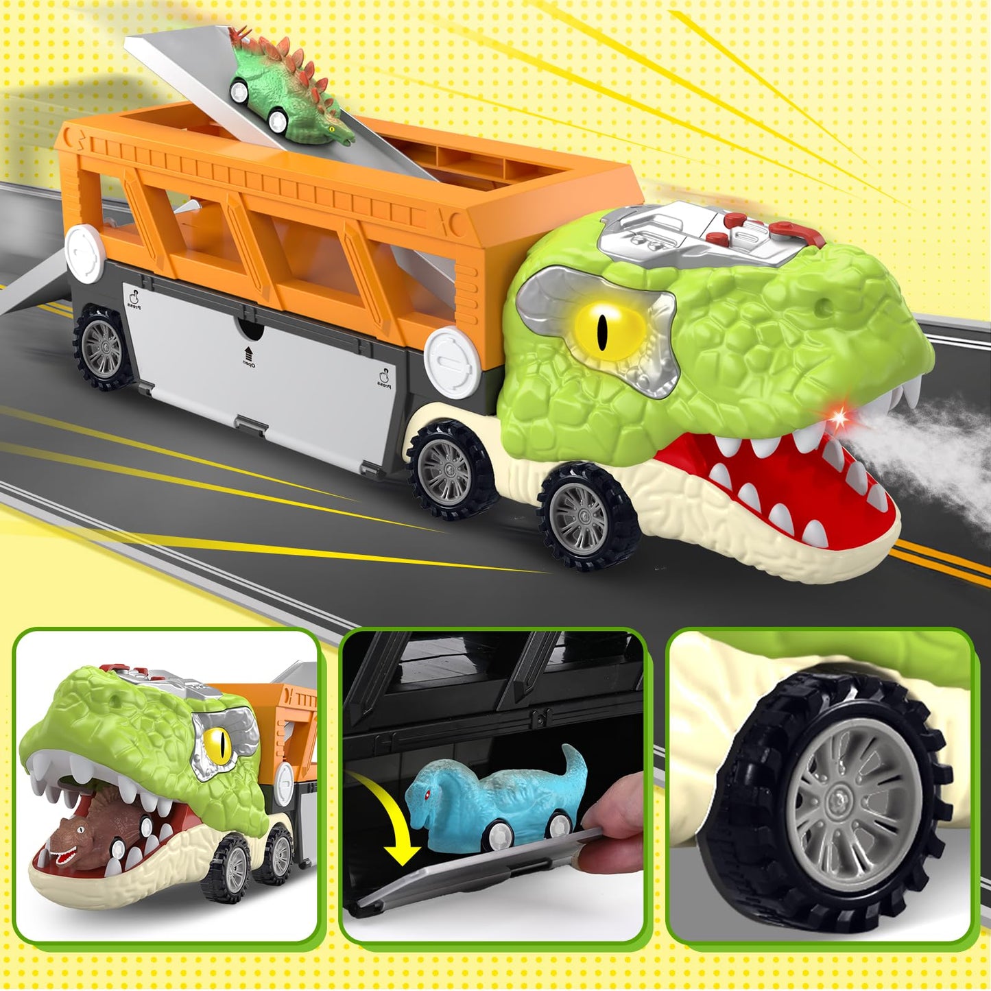 SpringFlower 11 in 1 Dinosaur Toys, Dinosaur Toys for Kids 3-5, Dinosaur Truck with 10 Pull Back Cars, Toddler Boy Toys Age 3 4 5, Boy Birthday Gifts with Sounds & Lights & Spray